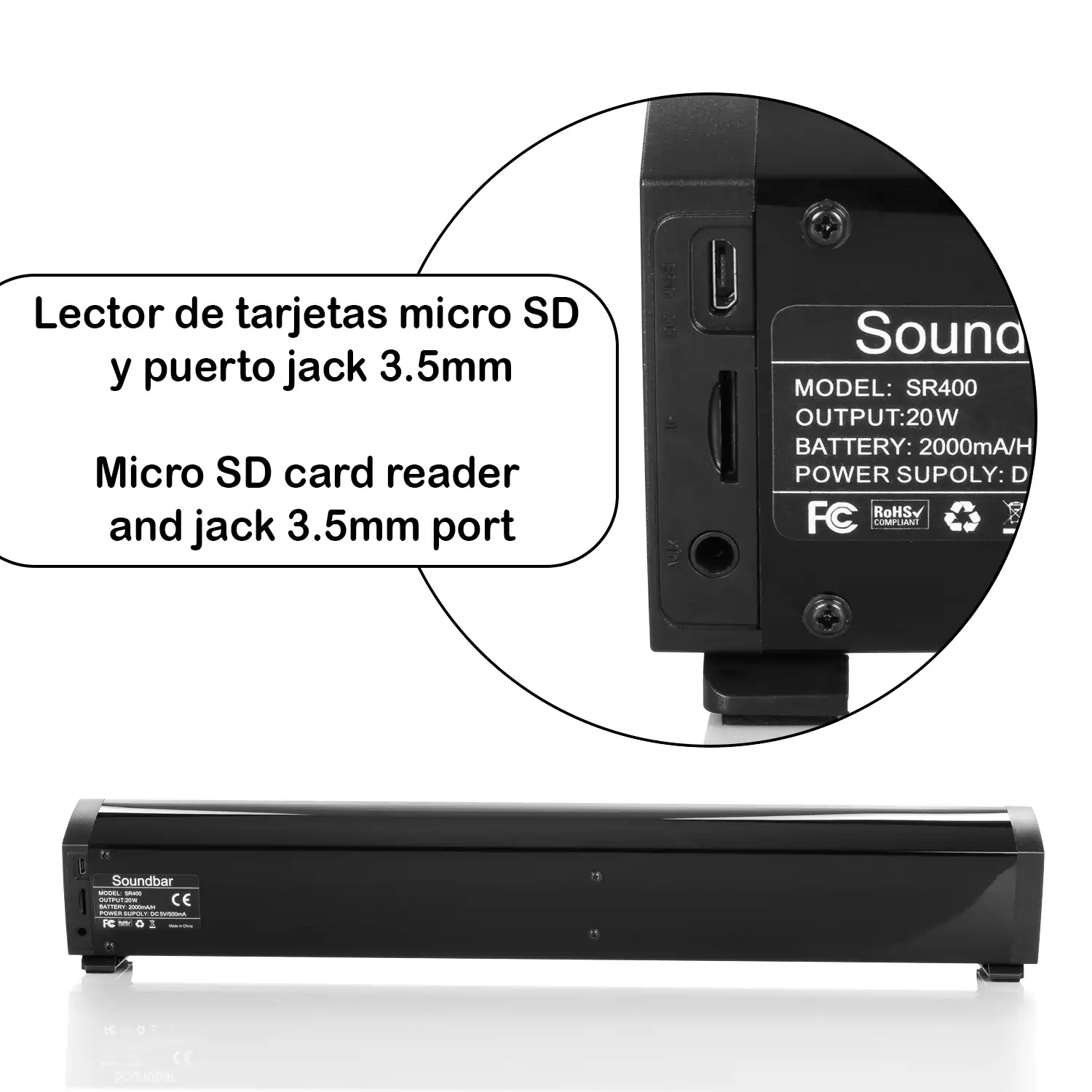 Barra de sonido estéreo Bluetooth 5.0 con mando a distancia. Batería de 2000mAh.