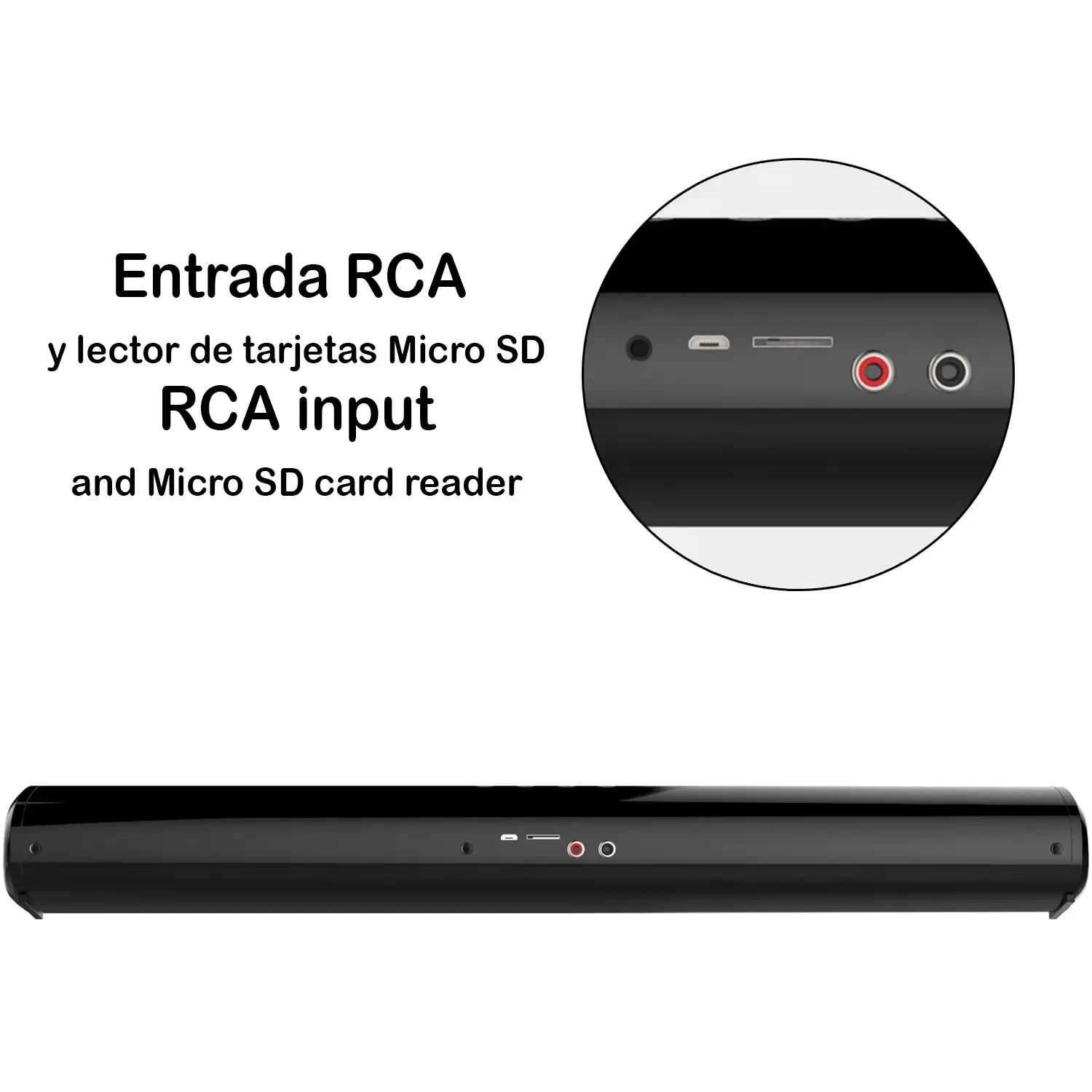 Barra de sonido 2.0 T90 Bluetooth 5.0. Entrada RCA, auxiliar, Micro SD y radio FM. Batería incorporada de 1800mAh.