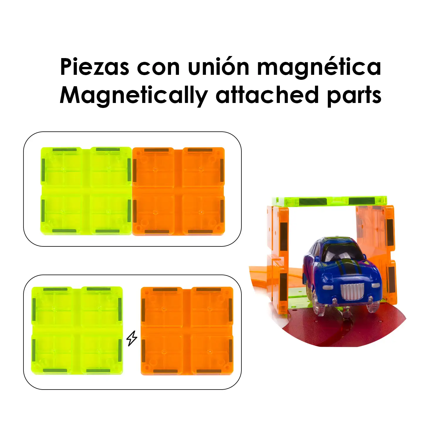 Pista para coches con piezas magnéticas. 19 piezas. Crea tus propios circuitos. Incluye 1 coche.