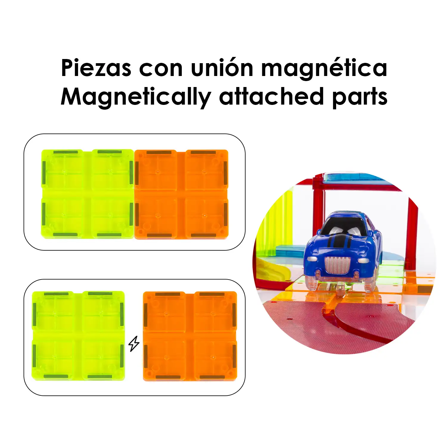 Pista para coches con piezas magnéticas. 72 piezas. Crea tus propios circuitos. Incluye puente, elevadores de 2 alturas, 2 coches.