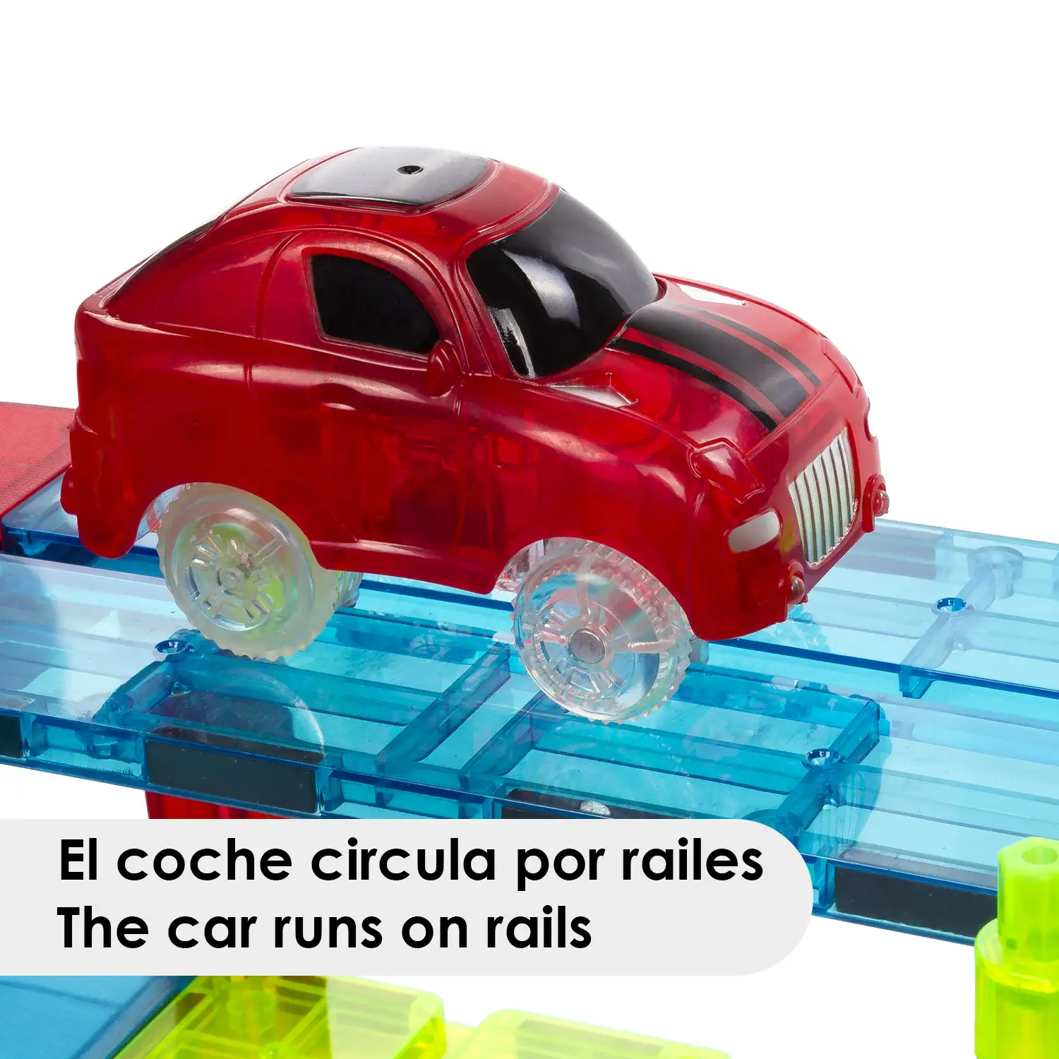 Pista para coches con piezas magnéticas. 72 piezas. Crea tus propios circuitos. Incluye puente, elevadores de 2 alturas, 2 coches.