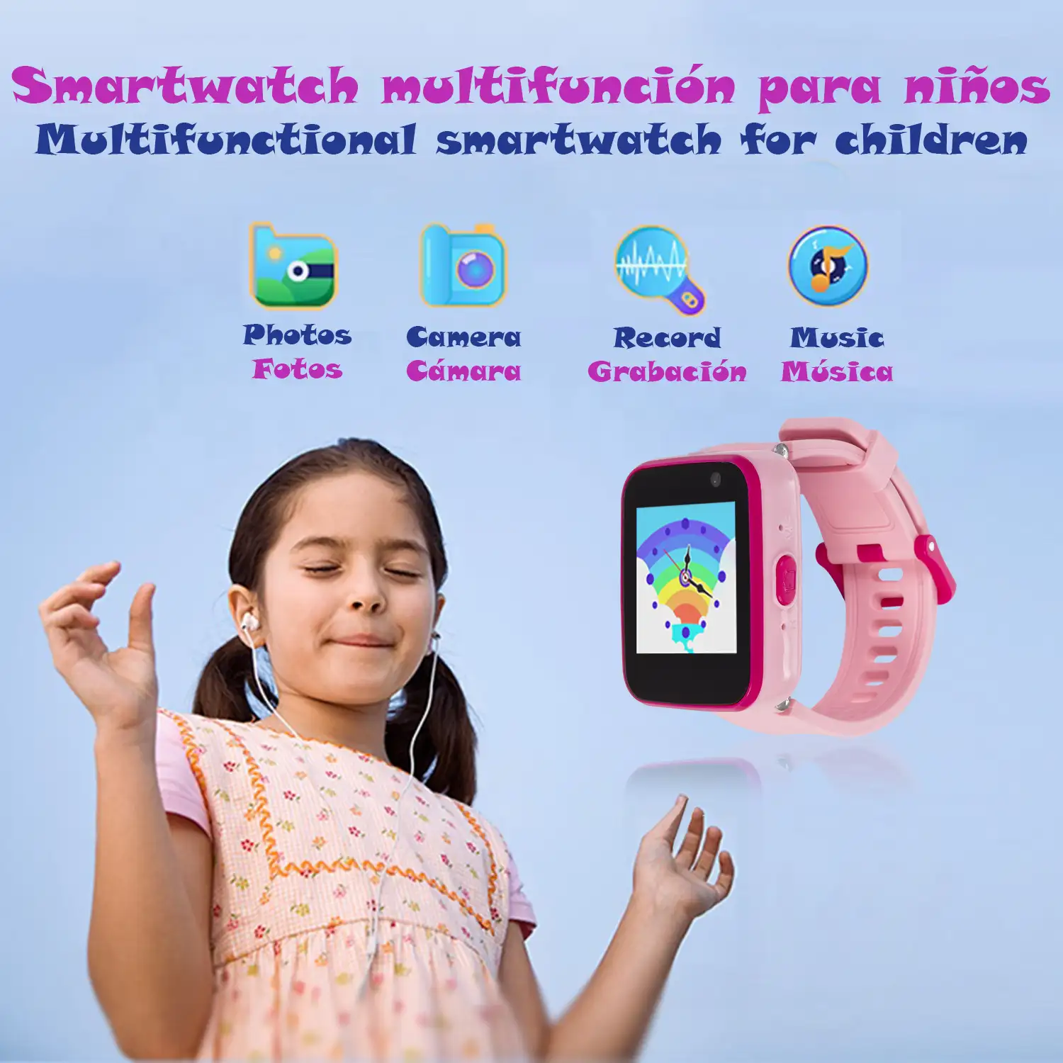 Smartwatch infantil CT5 con cámara de fotos, 5 juegos, grabadora de voz y reproductor de música.