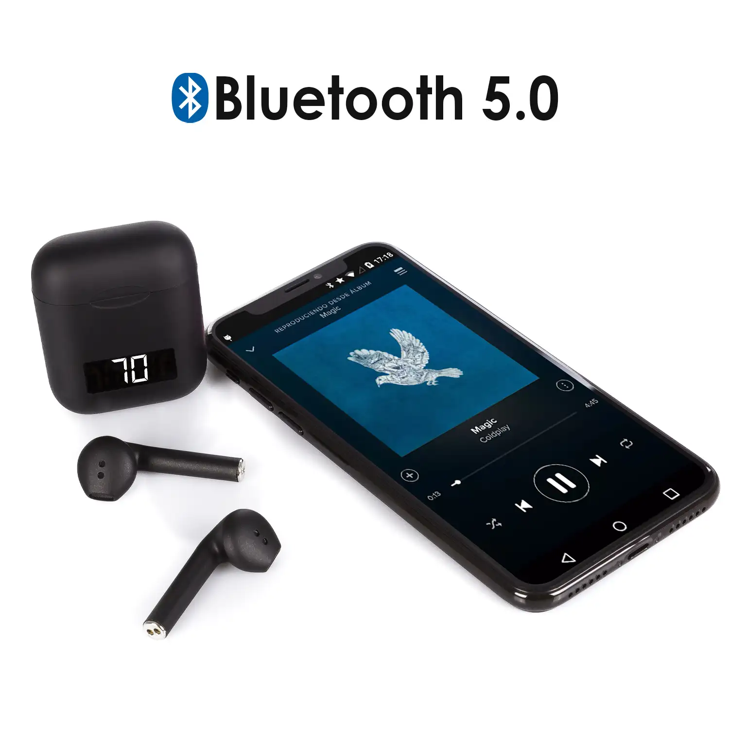 Auriculares TWS i99 Bluetooth 5.0, táctiles. Base de carga de 500mAh compatible con carga inalámbrica Qi y display.