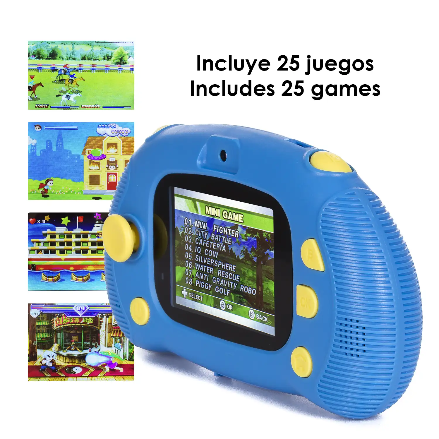 Cámara de fotos y video infantil con 25 juegos incorporados. Cámara dual, 20mpx y video 2,5K. Pantalla de 2,4 pulgadas.