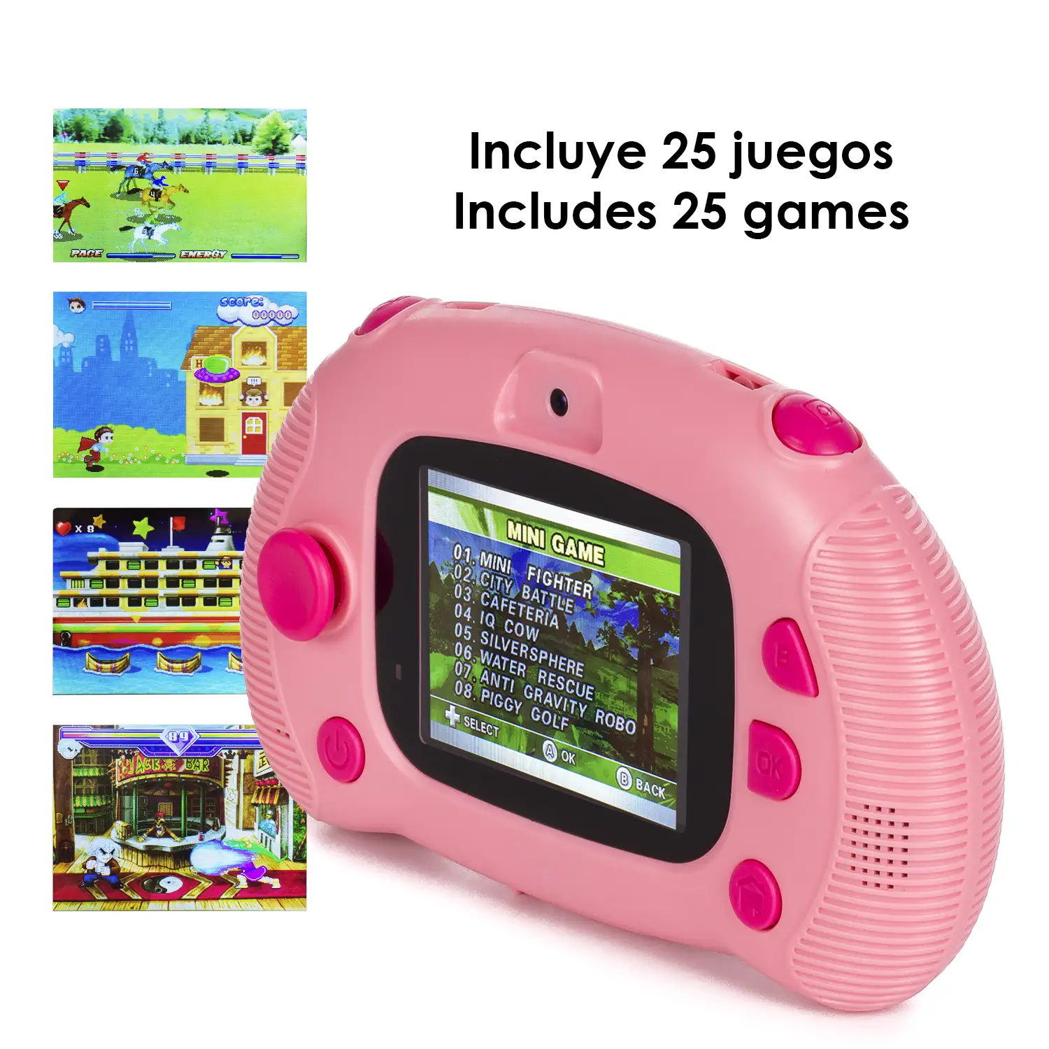 Cámara de fotos y video infantil con 25 juegos incorporados. Cámara dual, 20mpx y video 2,5K. Pantalla de 2,4 pulgadas.