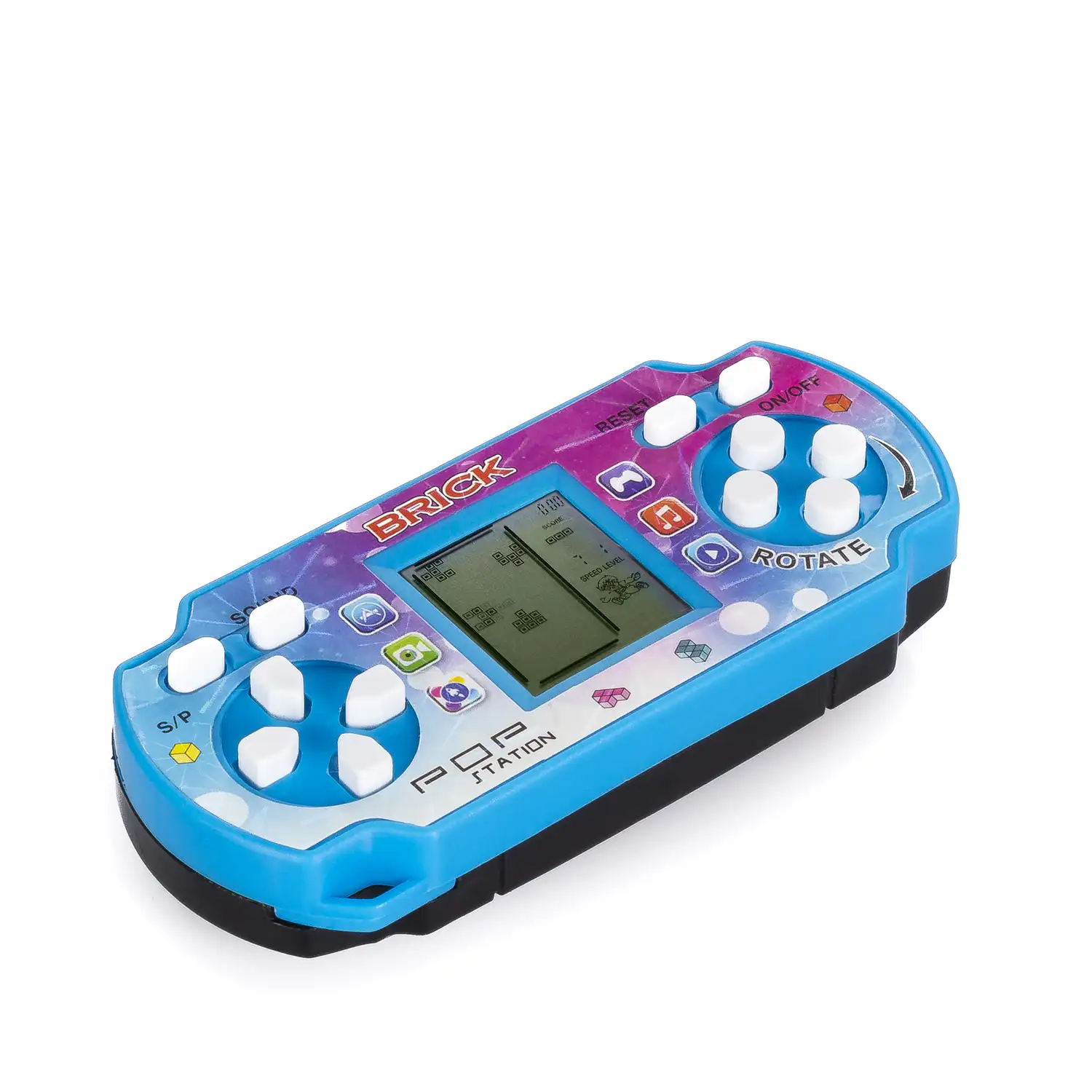 Pop Station, mini consola portátil con 23 juegos clásicos Brick Game. Tetris, rompecabezas, dificultad y velocidad ajustable.