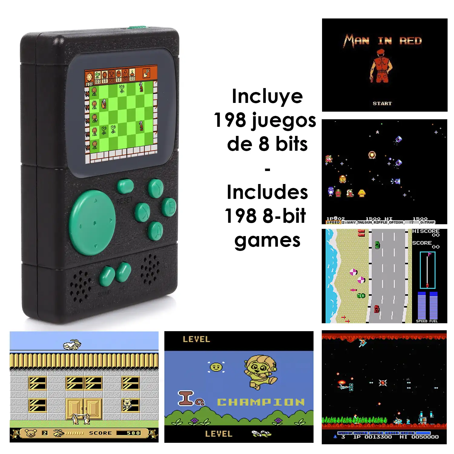 Mini consola portátil retro Pocket Player con 198 juegos de 8 bits, pantalla de 2 pulgadas.