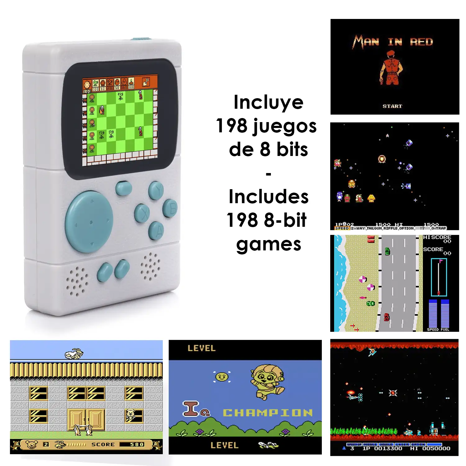 Mini consola portátil retro Pocket Player con 198 juegos de 8 bits, pantalla de 2 pulgadas.