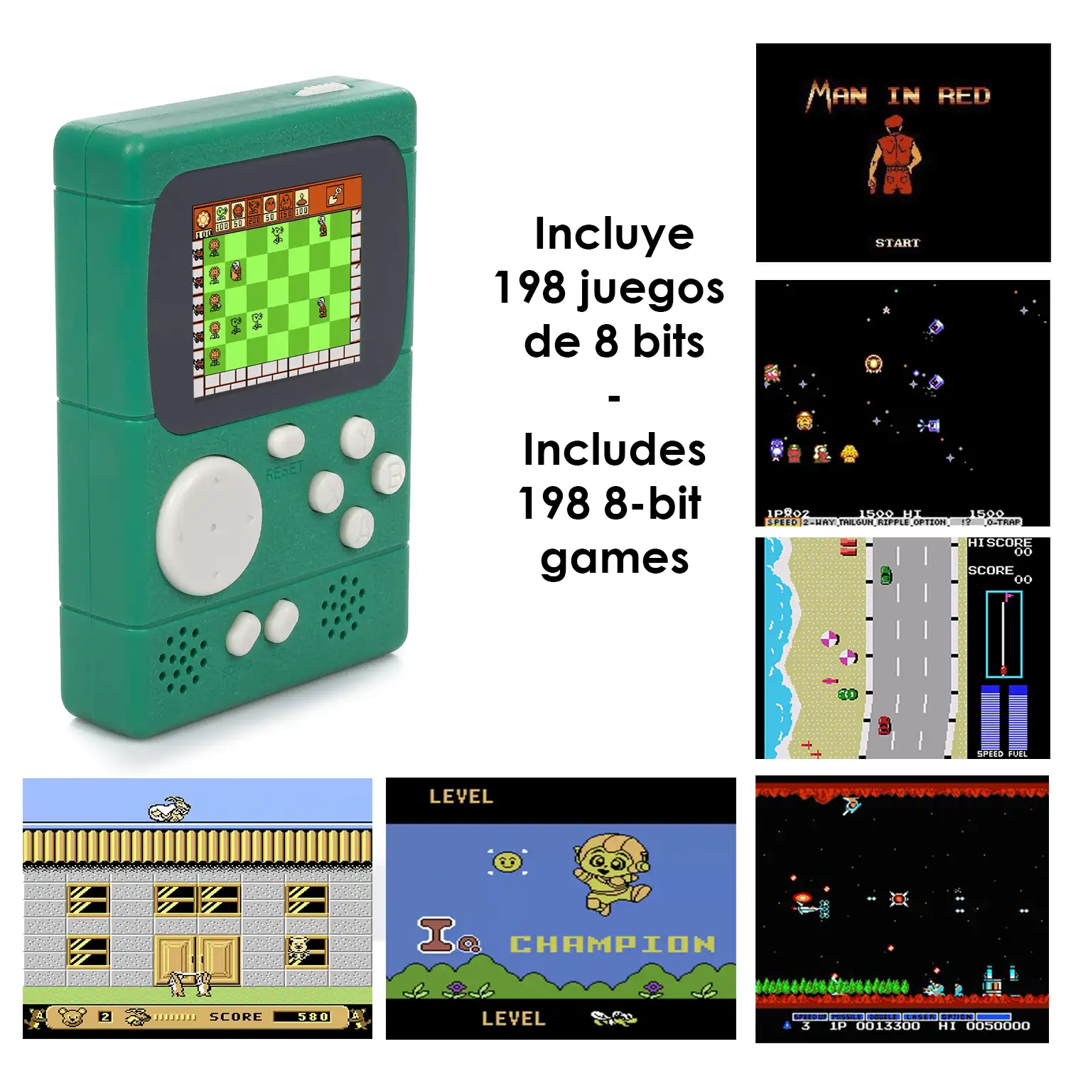 Mini consola portátil retro Pocket Player con 198 juegos de 8 bits, pantalla de 2 pulgadas.