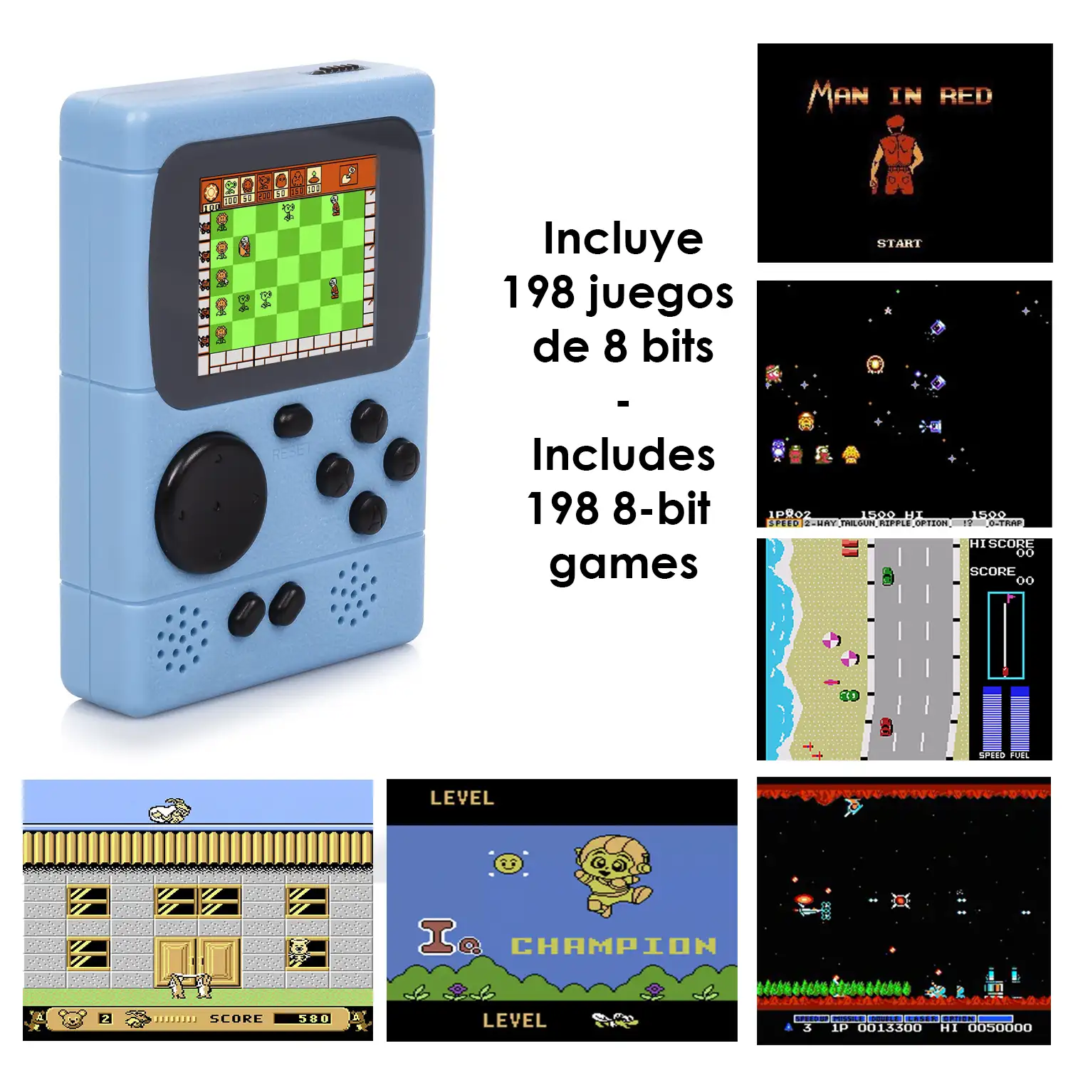 Mini consola portátil retro Pocket Player con 198 juegos de 8 bits, pantalla de 2 pulgadas.