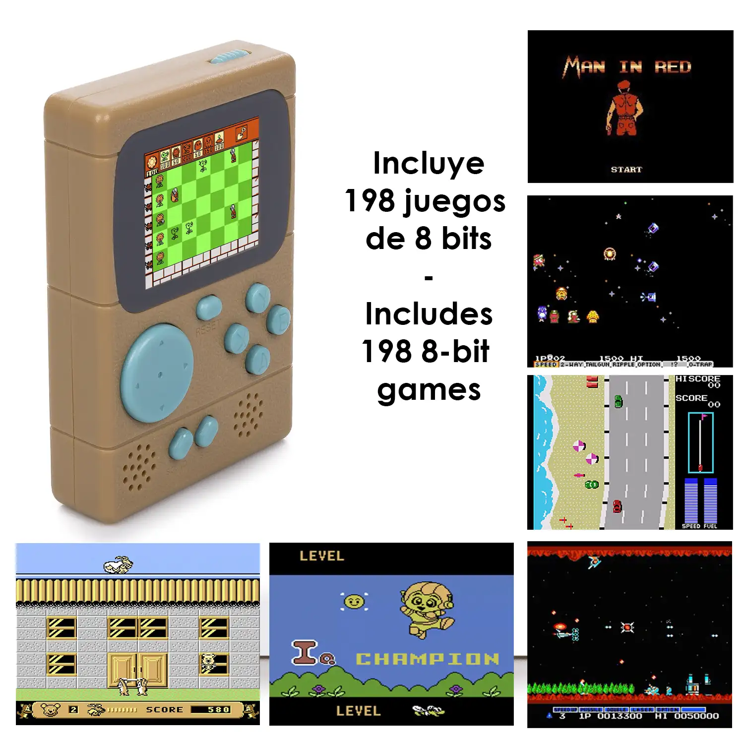 Mini consola portátil retro Pocket Player con 198 juegos de 8 bits, pantalla de 2 pulgadas.