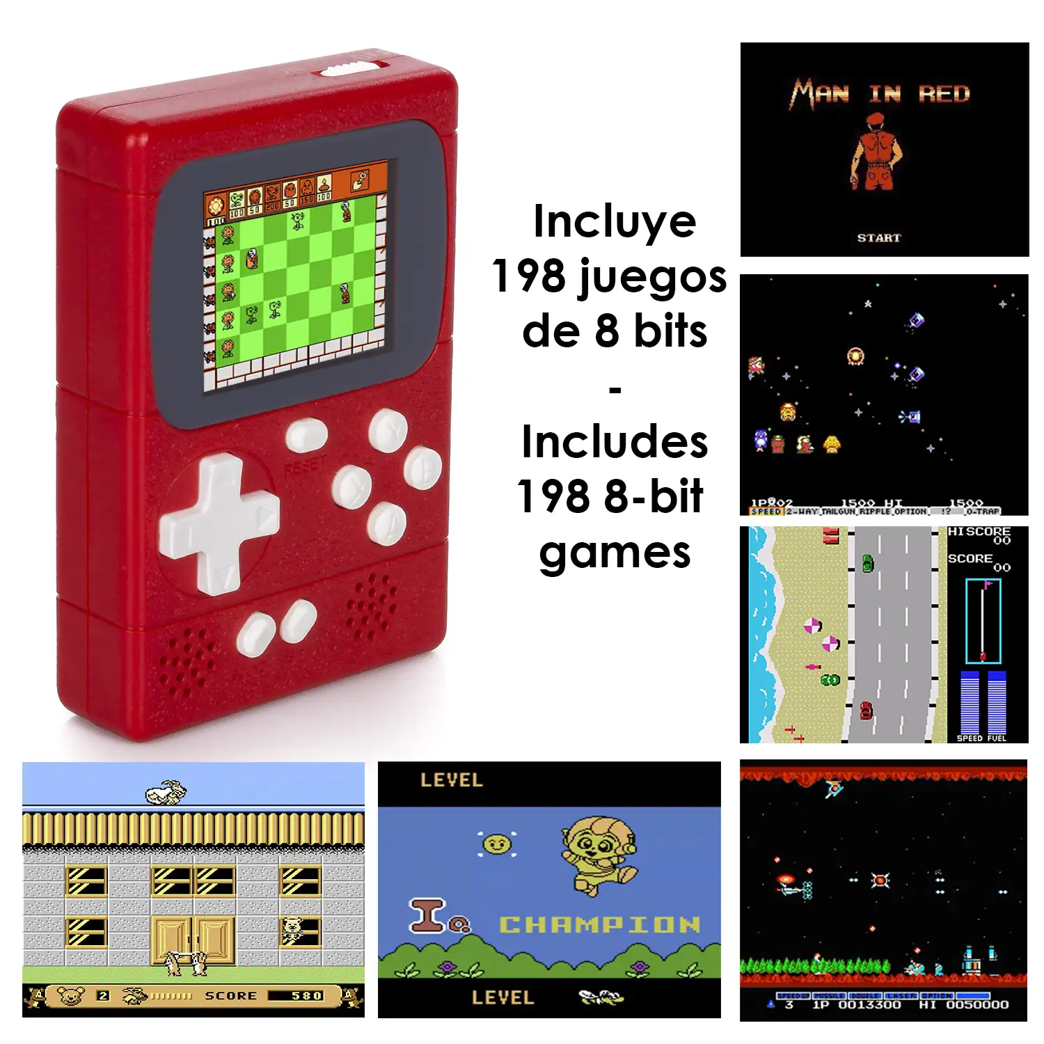 Mini consola portátil retro Pocket Player con 198 juegos de 8 bits, pantalla de 2 pulgadas.