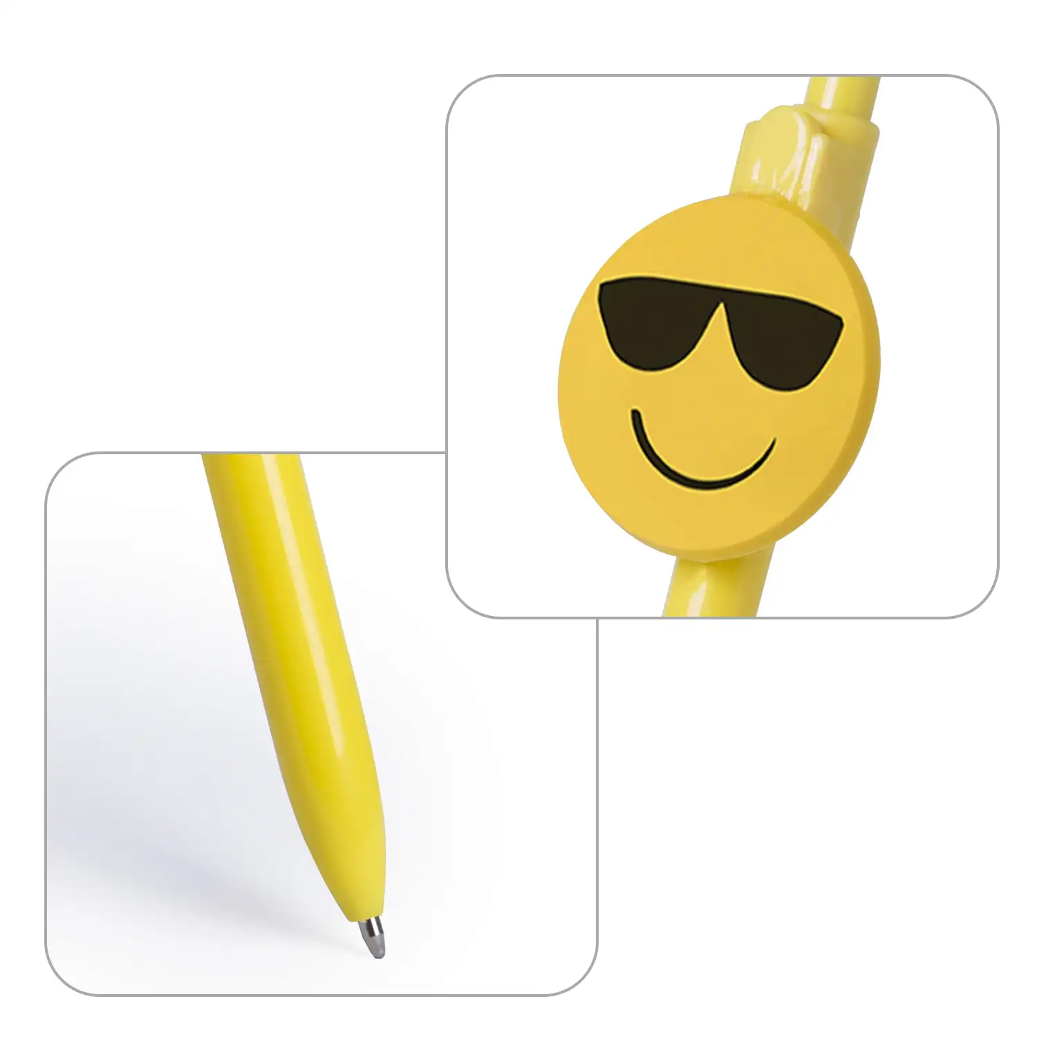 Bolígrafo Fricum diseño emoji gafas de sol. Con mecanismo pulsador y tinta azul.