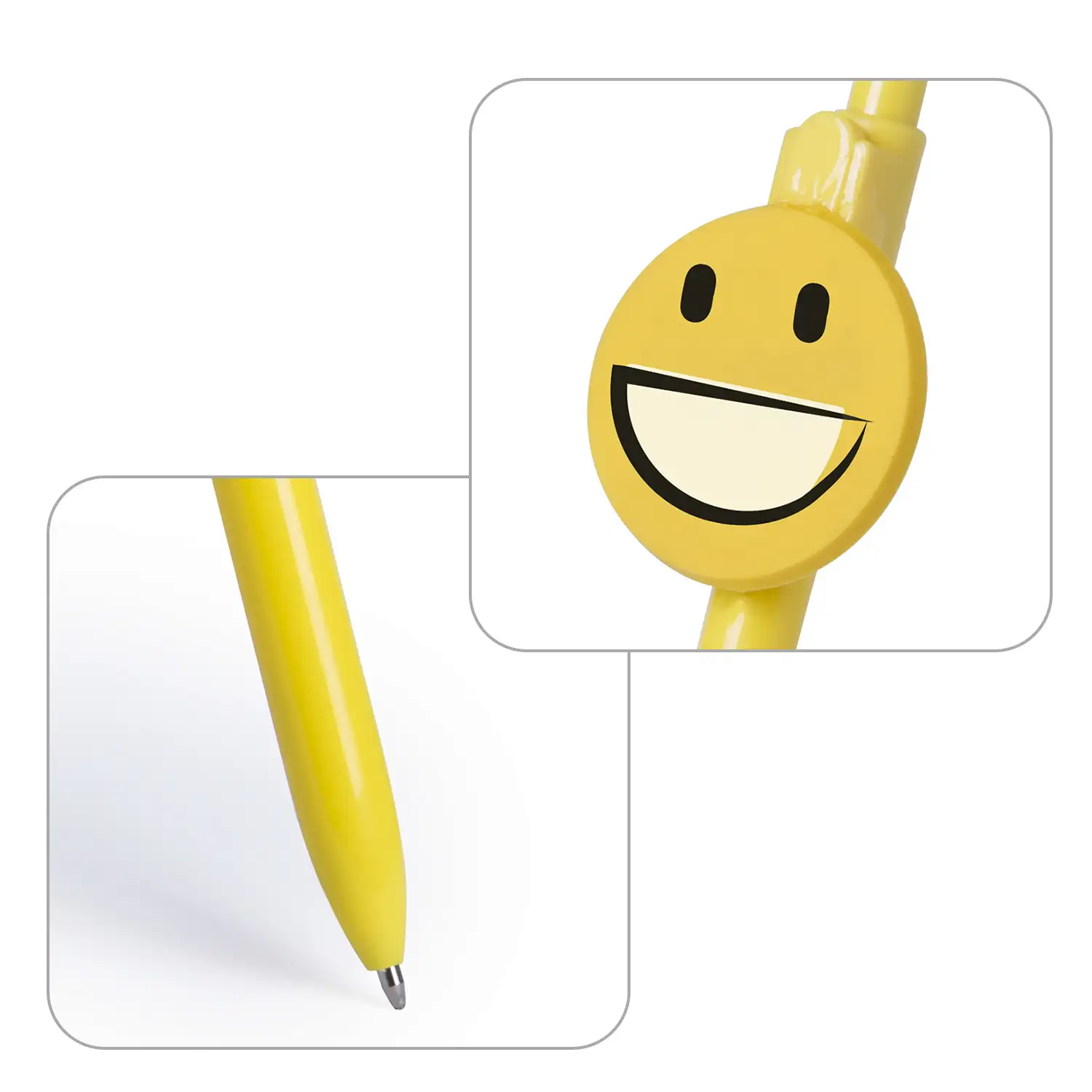 Bolígrafo Fricum diseño emoji sonrisa. Con mecanismo pulsador y tinta azul.