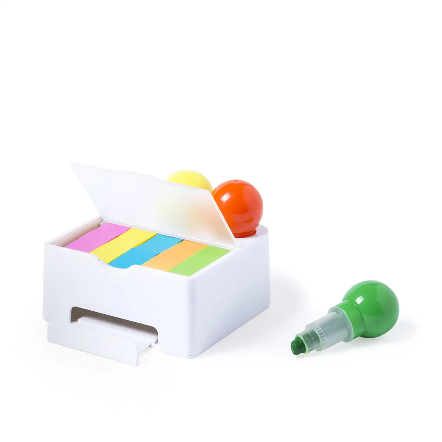 Set de marcadores Bolings con soporte para móvil. Incluye 3 marcadores fluorescentes y 100 mini notas adhesivas multicolores.