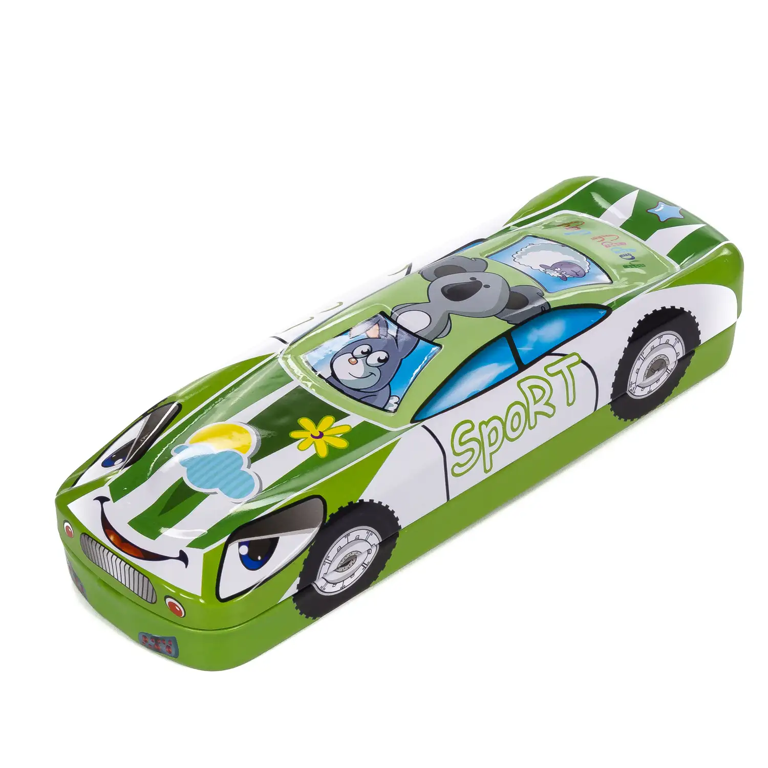 Estuche portatodo infantil metálico diseño coche de carreras 3D.