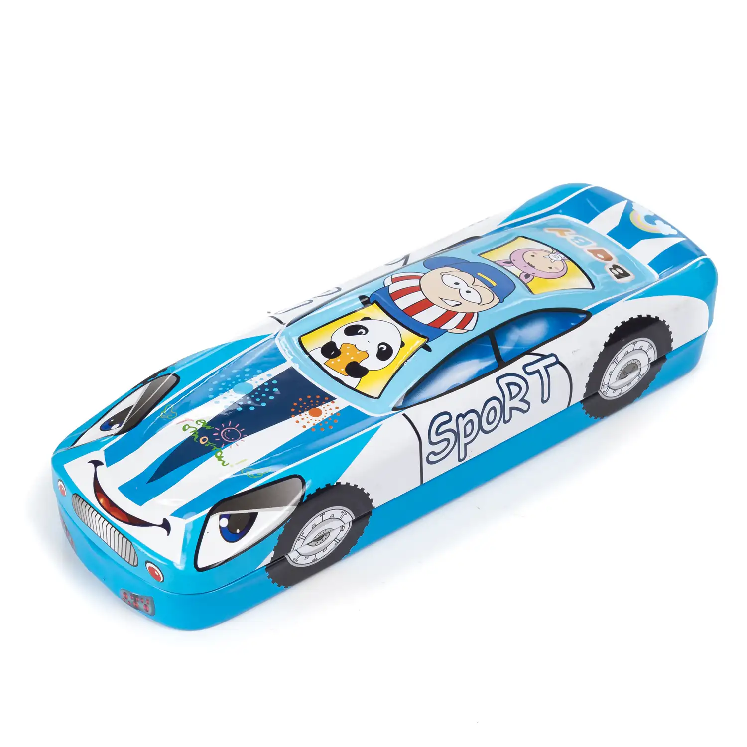 Estuche portatodo infantil metálico diseño coche de carreras 3D.