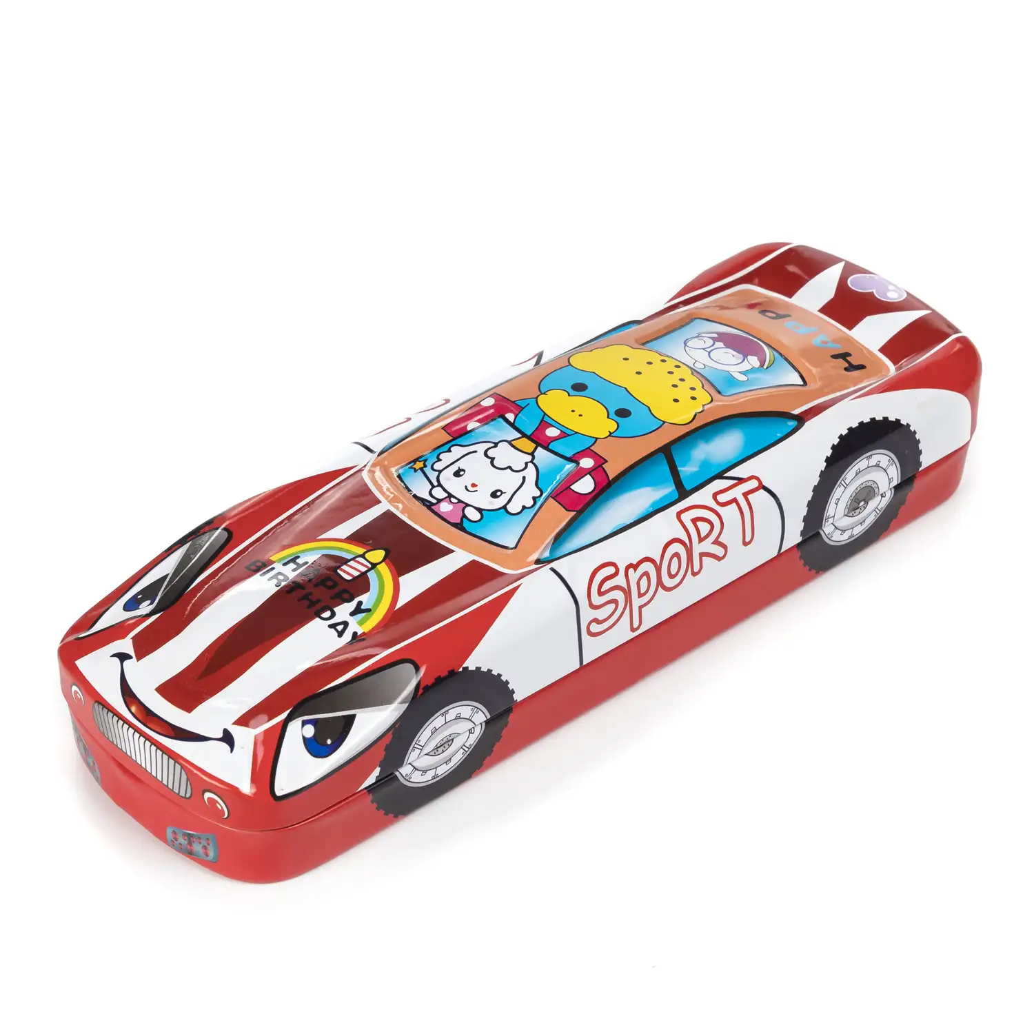 Estuche portatodo infantil metálico diseño coche de carreras 3D.