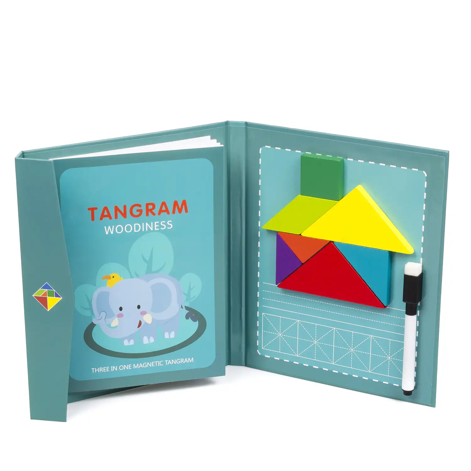 Libro Tangram con piezas de madera magnéticas. Incluye más de 90 desafíos y soluciones.