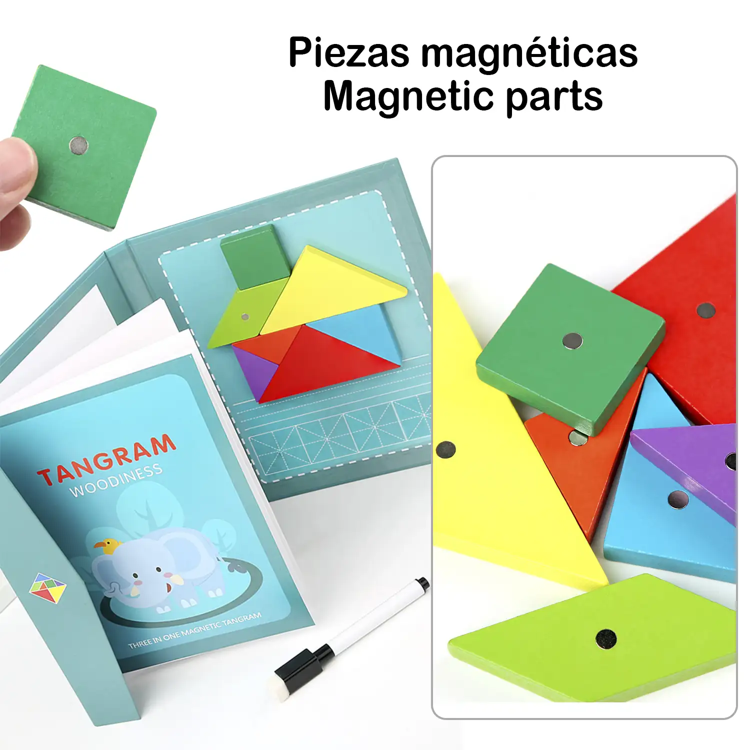 Libro Tangram con piezas de madera magnéticas. Incluye más de 90 desafíos y soluciones.
