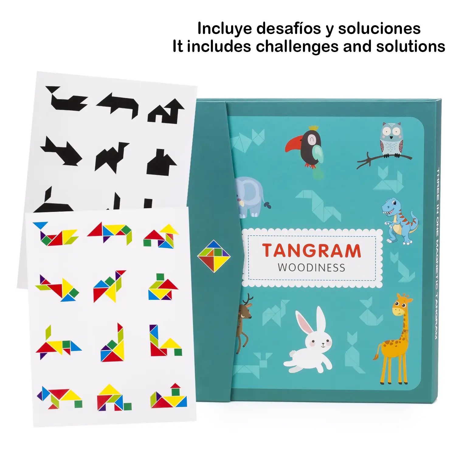 Libro Tangram con piezas de madera magnéticas. Incluye más de 90 desafíos y soluciones.