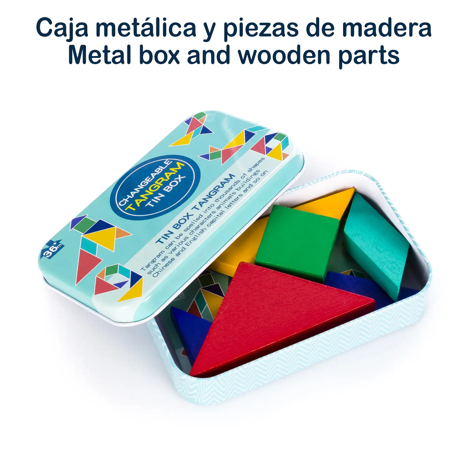 Tangram de madera presentado en cajita metálica. Incluye libreto con 108 desafíos.