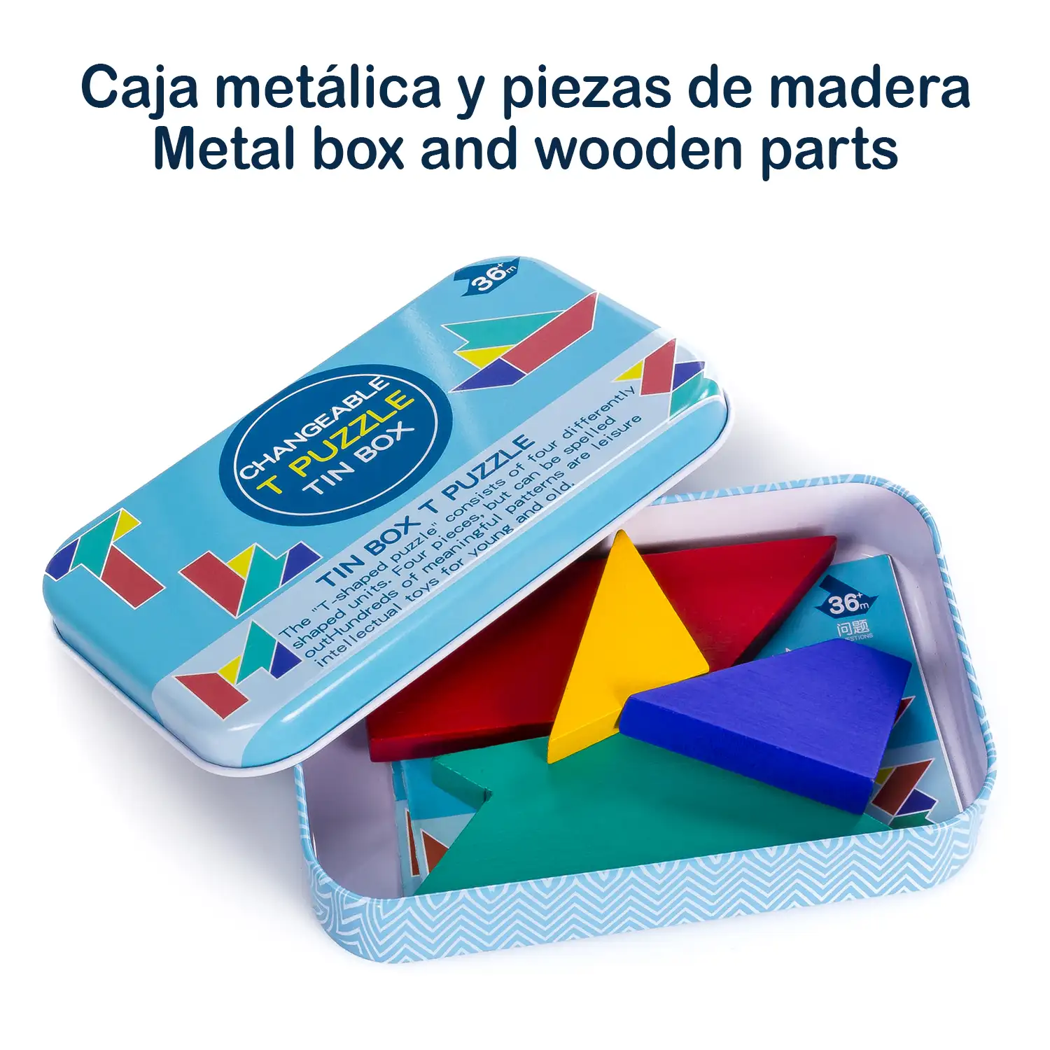 Puzzle de madera presentado en cajita metálica. Incluye libreto con 48 desafíos.