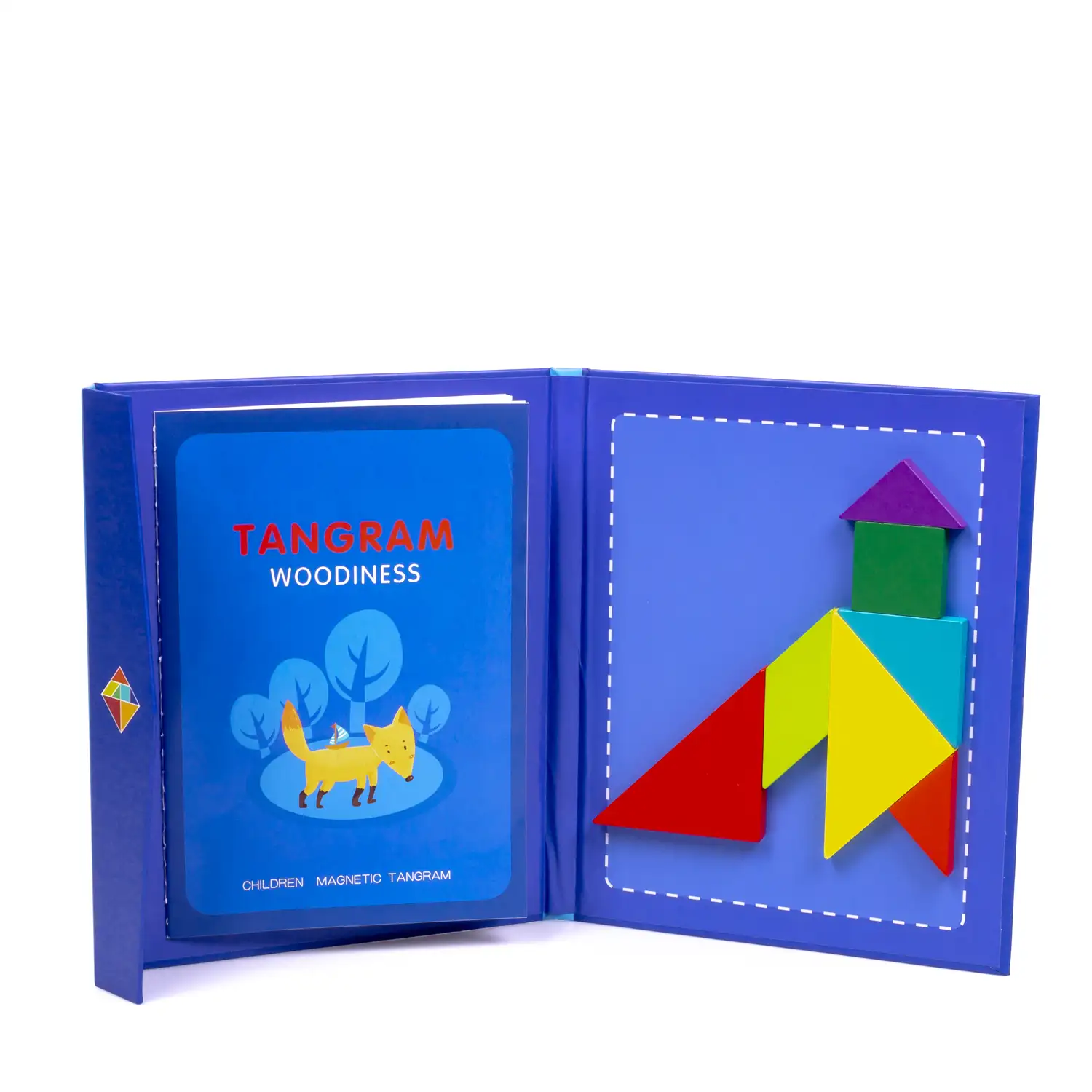 Libro con Tangram de madera magnético. Incluye 96 desafíos y sus soluciones.