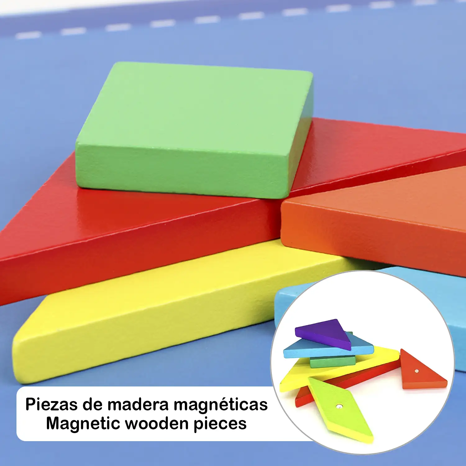 Libro con Tangram de madera magnético. Incluye 96 desafíos y sus soluciones.
