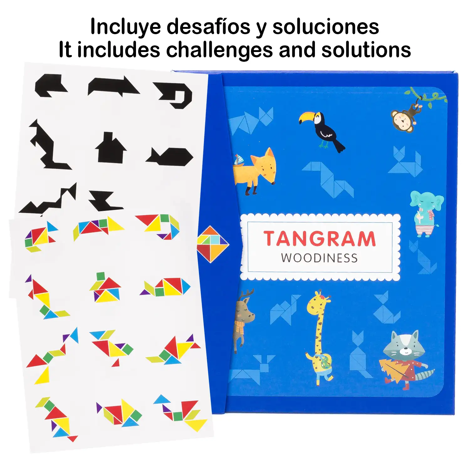 Libro con Tangram de madera magnético. Incluye 96 desafíos y sus soluciones.