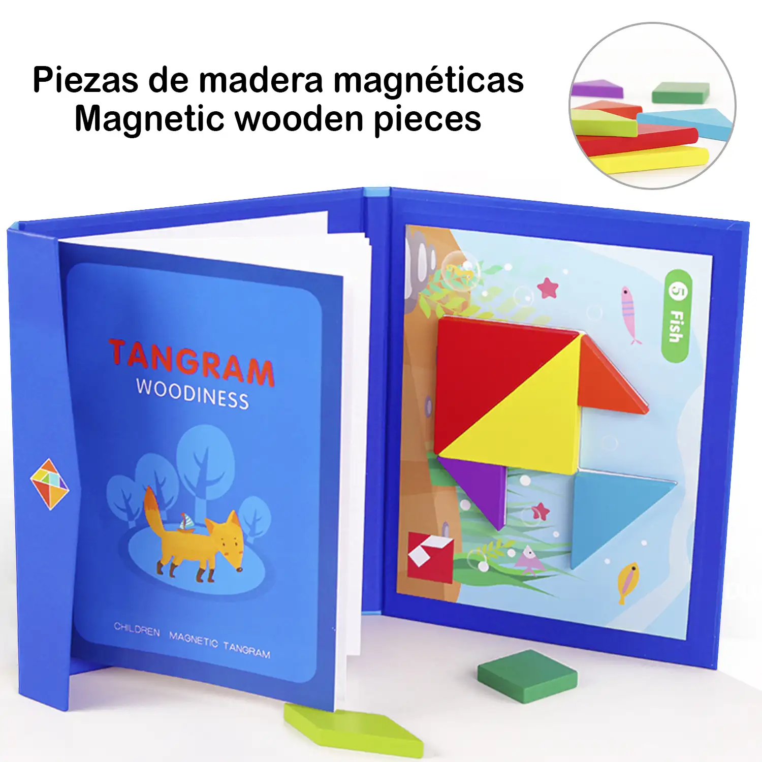 Libro con Tangram de madera magnético, nuevo desafío de completar fichas con dibujos. Incluye múltiples desafíos clásicos.