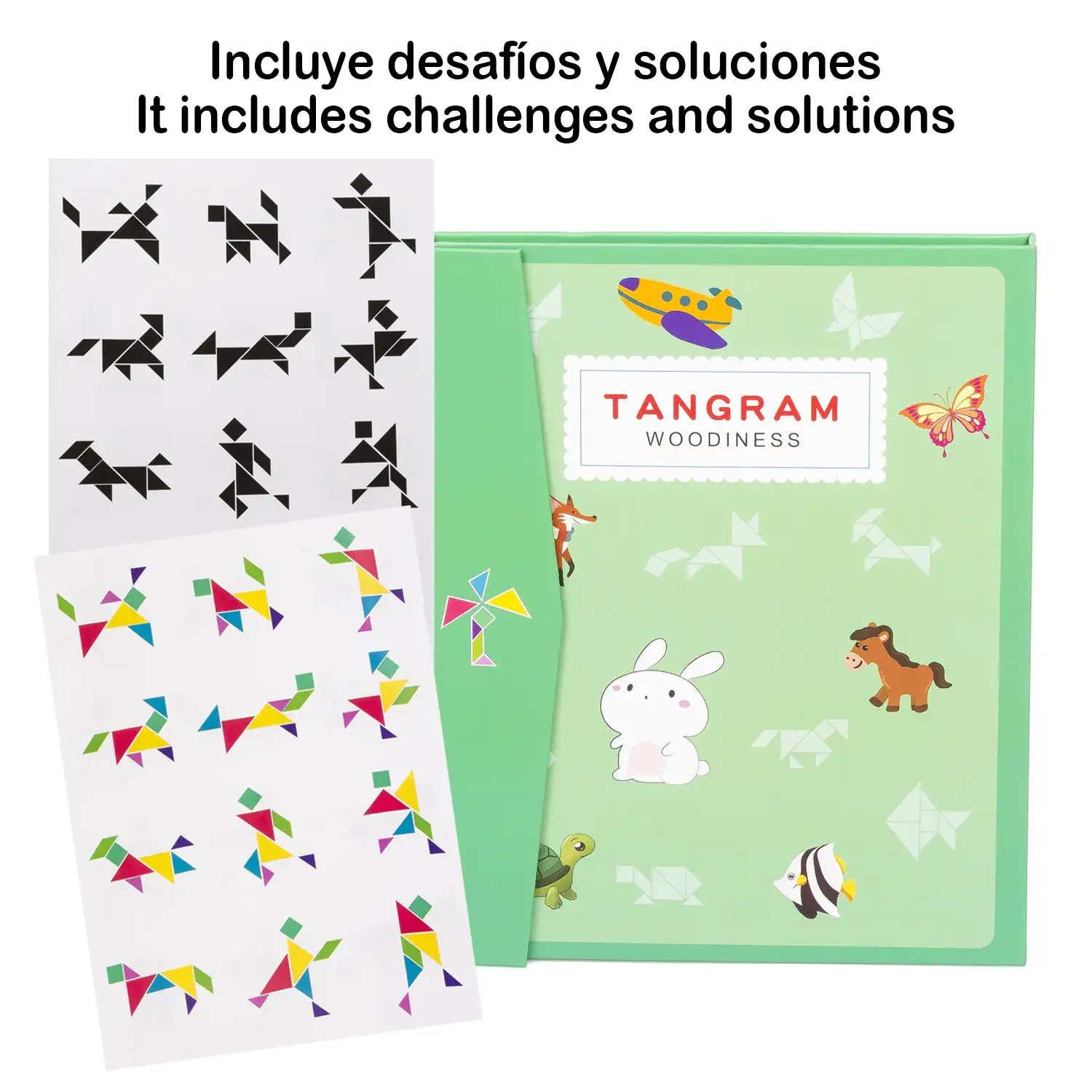 Libro con Tangram magnético de Macarone. Incluye múltiples desafíos.