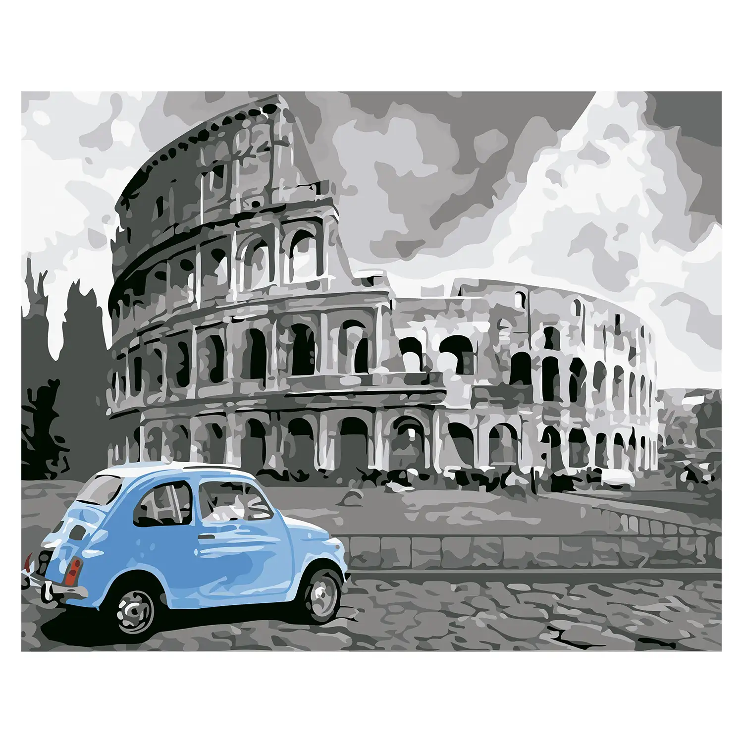 Lienzo con dibujo para pintar con números, de 40x50cm. Diseño Coliseo de Roma. Incluye pinceles y pinturas necesarias.