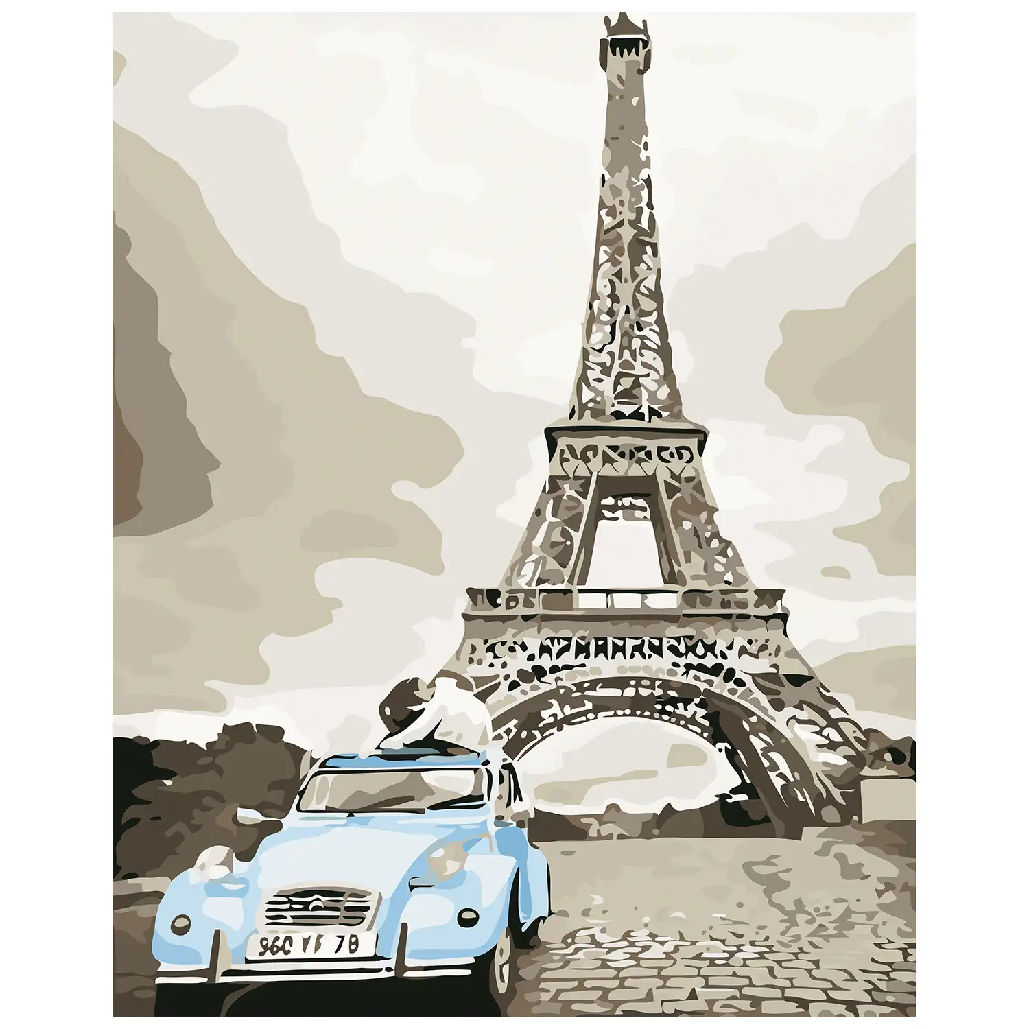Lienzo con dibujo para pintar con números, de 40x50cm. Diseño torre Eiffel y 2CV. Incluye pinceles y pinturas necesarias.