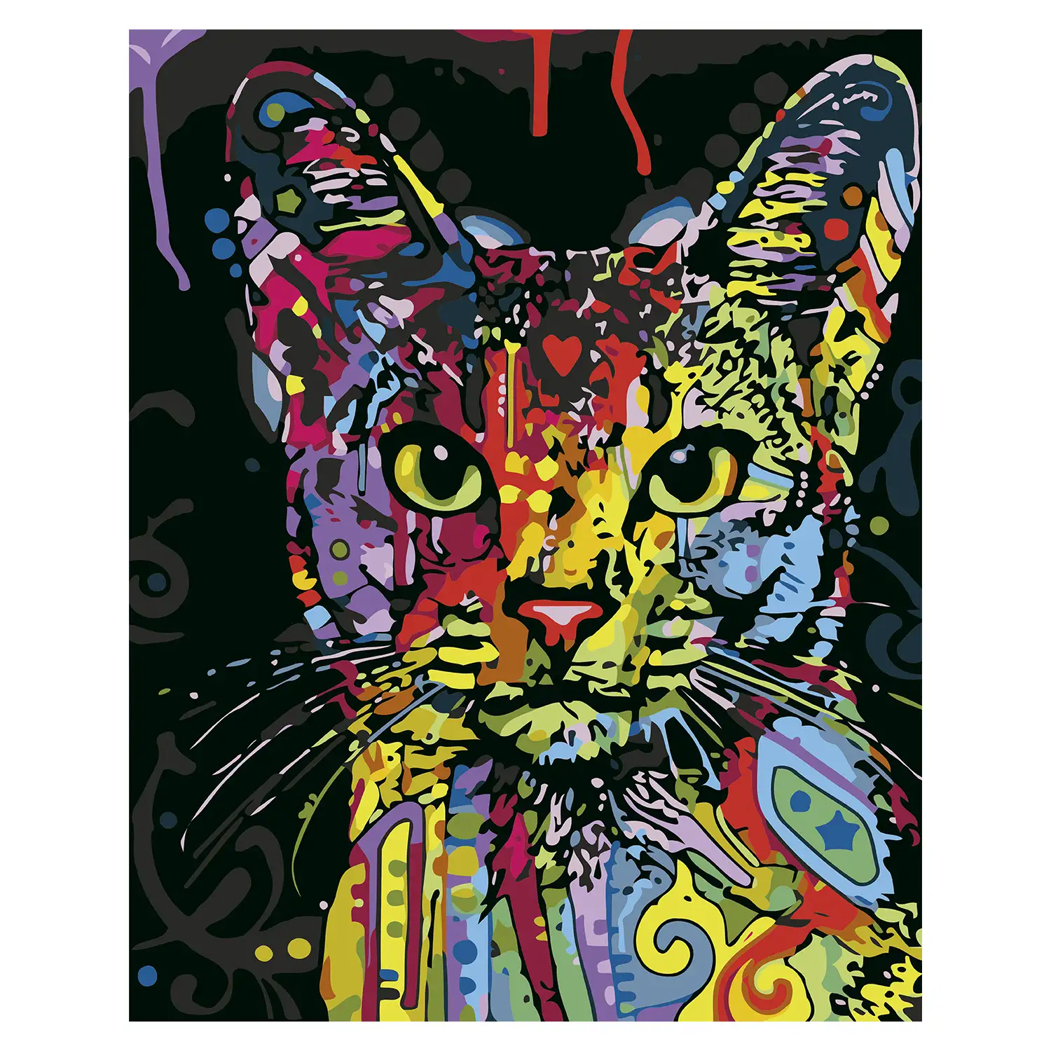 Lienzo con dibujo para pintar con números, de 40x50cm. Diseño gato abstracto. Incluye pinceles y pinturas necesarias.