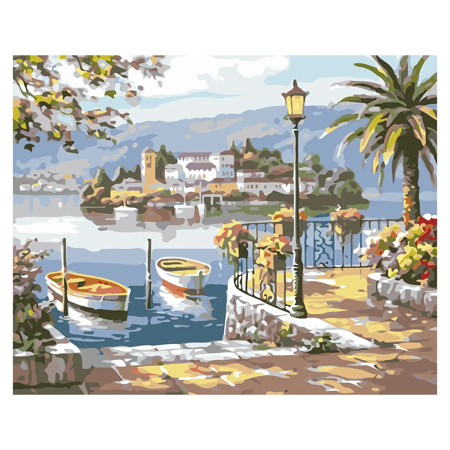 Lienzo con dibujo para pintar con números, de 40x50cm. Diseño barcas en la ria. Incluye pinceles y pinturas necesarias.