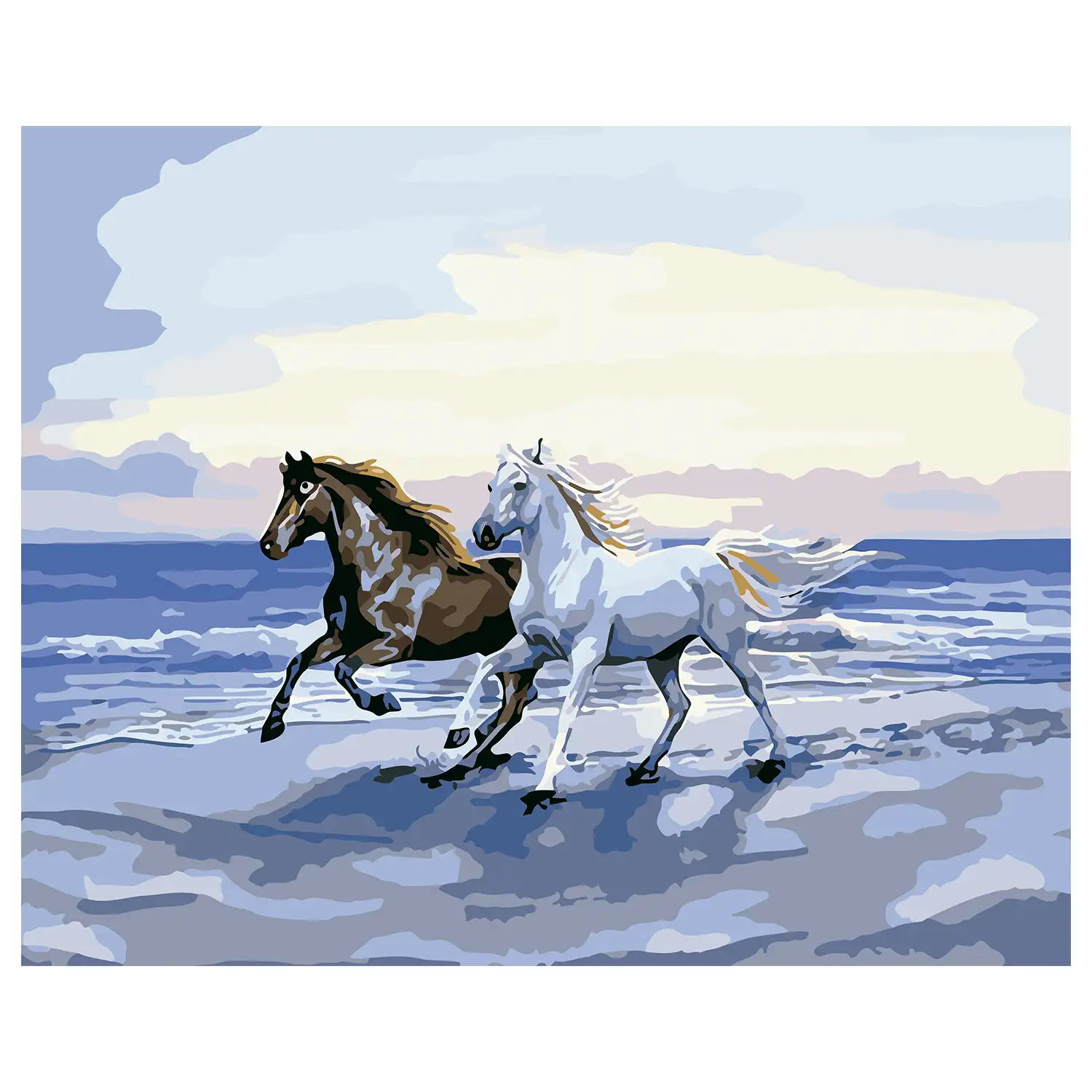Lienzo con dibujo para pintar con números, de 40x50cm. Diseño caballos en la playa. Incluye pinceles y pinturas necesarias.