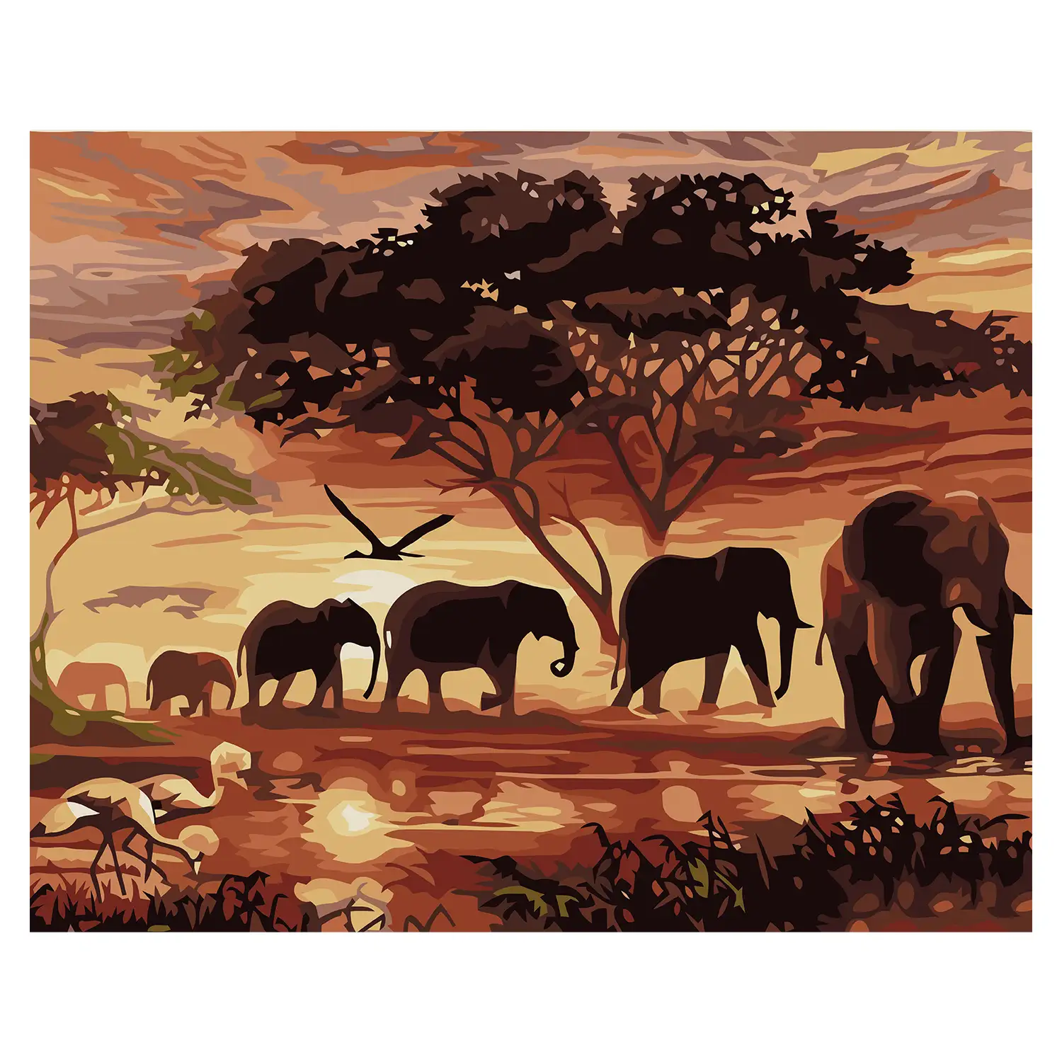 Lienzo con dibujo para pintar con números, de 40x50cm. Diseño elefantes africanos. Incluye pinceles y pinturas necesarias.