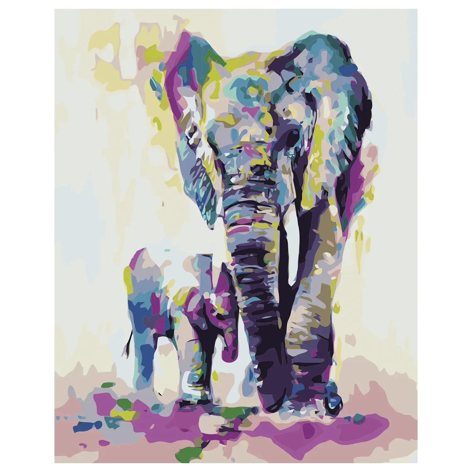Lienzo con dibujo para pintar con números, de 40x50cm. Diseño elefantes coloridos. Incluye pinceles y pinturas necesarias.