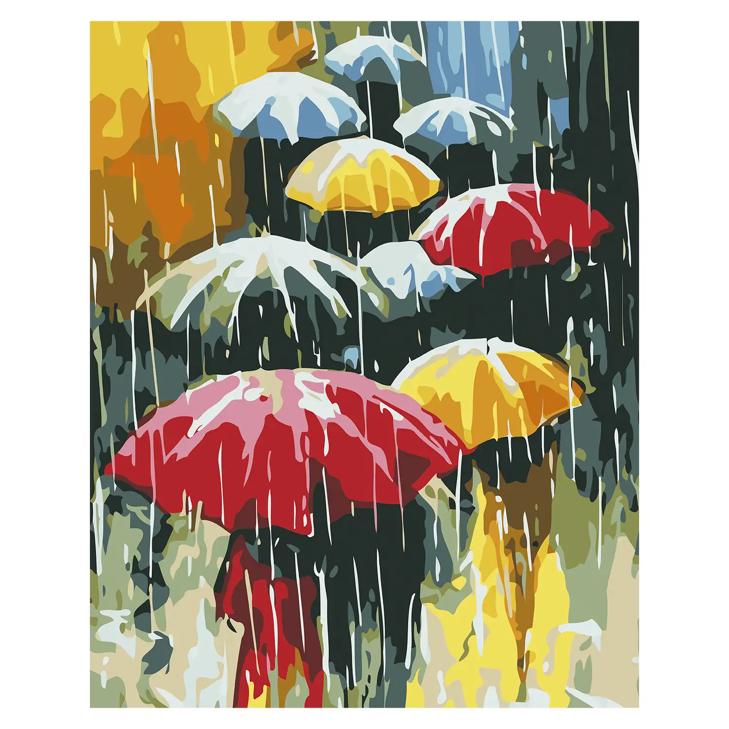 Lienzo con dibujo para pintar con números, de 40x50cm. Diseño paraguas. Incluye pinceles y pinturas necesarias.