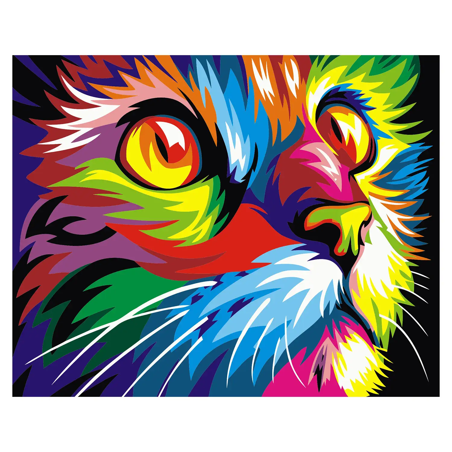 Lienzo con dibujo para pintar con números, de 40x50cm. Diseño gato multicolor. Incluye pinceles y pinturas necesarias.