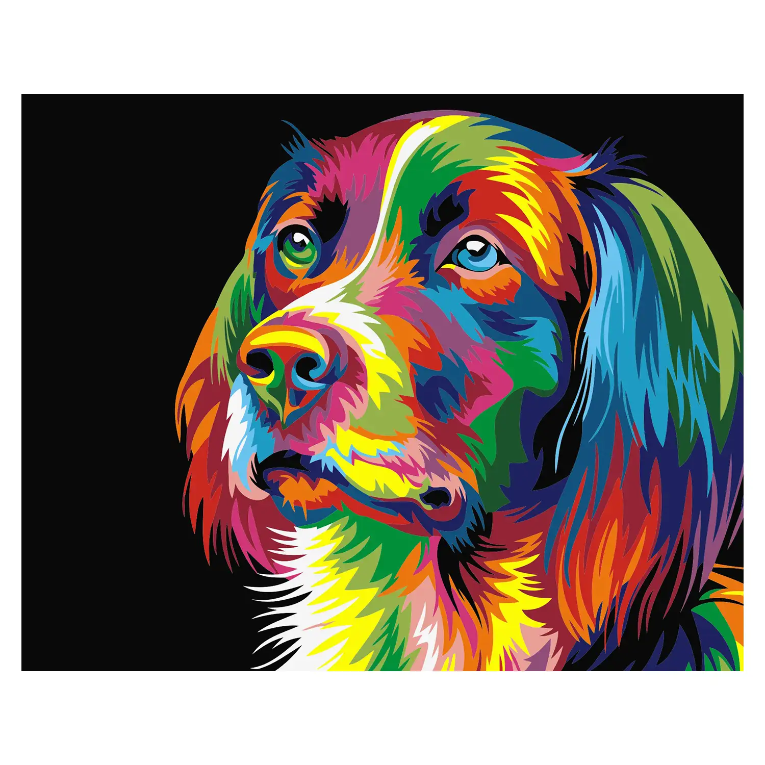 Lienzo con dibujo para pintar con números, de 40x50cm. Diseño perro multicolor. Incluye pinceles y pinturas necesarias.