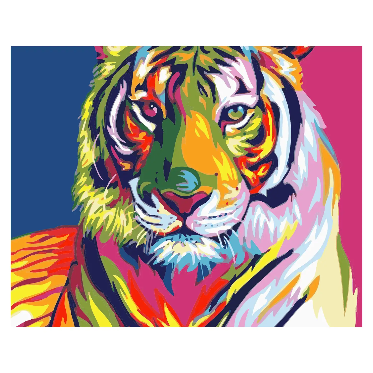 Lienzo con dibujo para pintar con números, de 40x50cm. Diseño tigre multicolor. Incluye pinceles y pinturas necesarias.