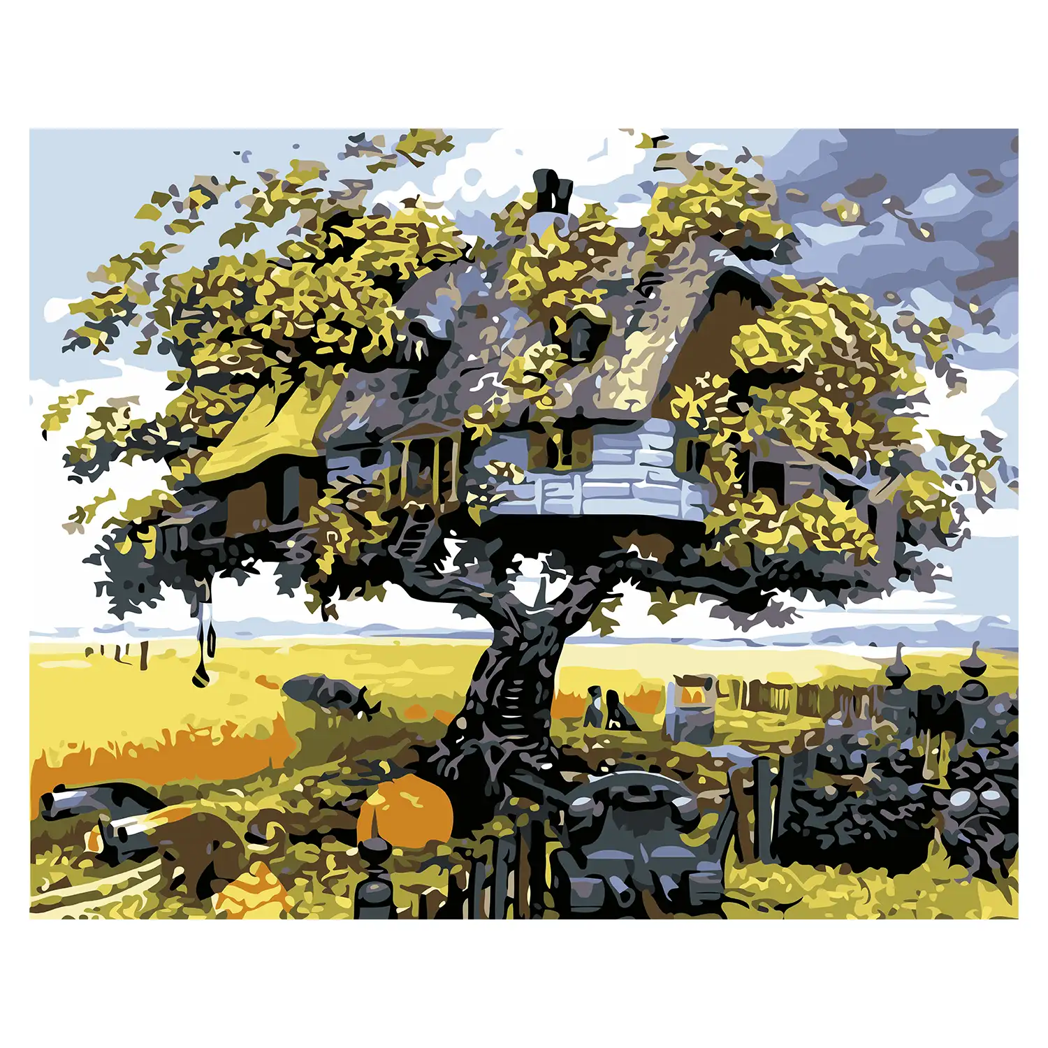 Lienzo con dibujo para pintar con números, de 40x50cm. Diseño casa del árbol. Incluye pinceles y pinturas necesarias.