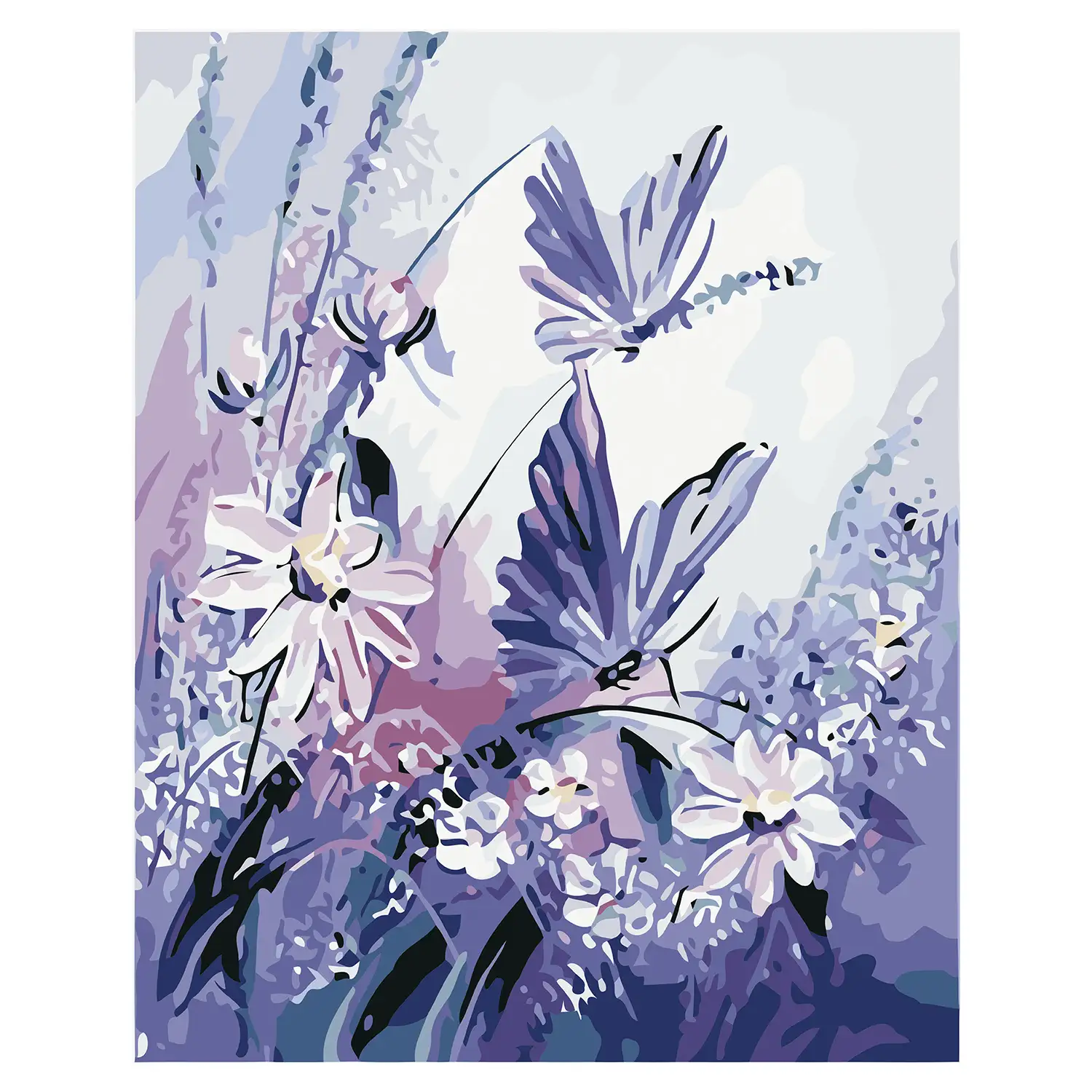 Lienzo con dibujo para pintar con números, de 40x50cm. Diseño flores y mariposas. Incluye pinceles y pinturas necesarias.