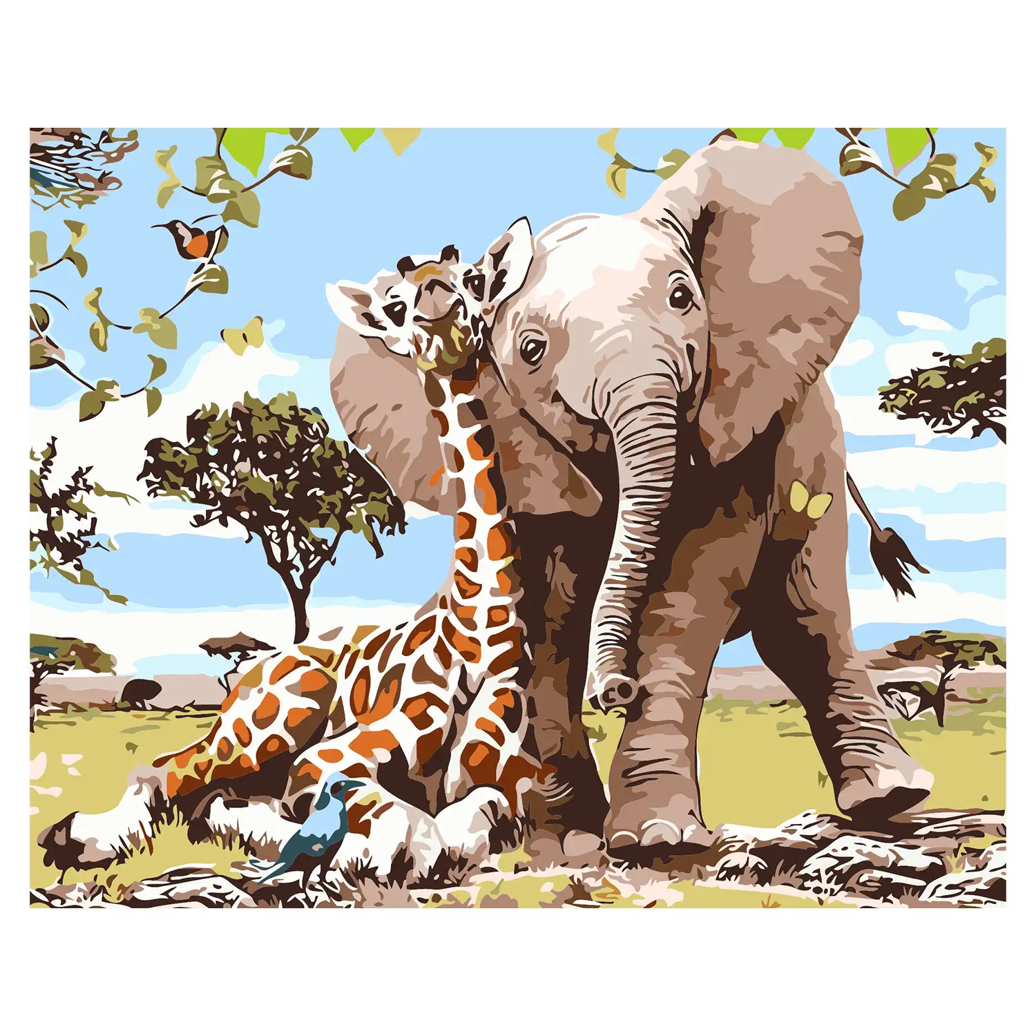 Lienzo con dibujo para pintar con números, de 40x50cm. Diseño elefante y jirafa. Incluye pinceles y pinturas necesarias.