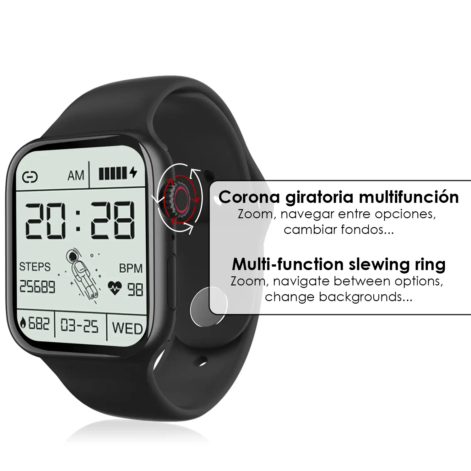 Smartwatch S12 Pro con monitor cardíaco, tensión y de O2 en sangre. 8 modos deportivos. Corona multifunción.