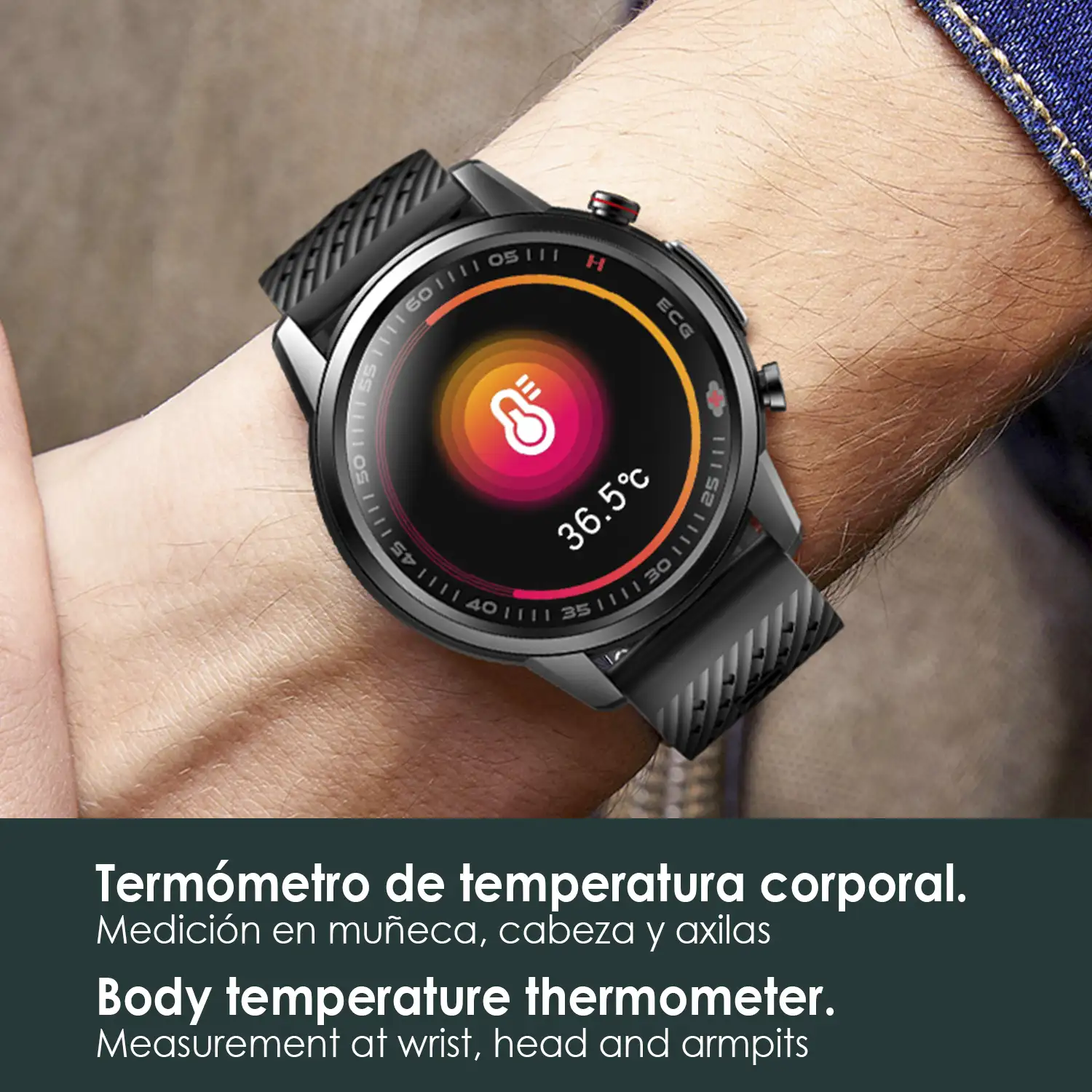 Smartwatch F800 con tratamiento laser sanguíneo, termómetro corporal, monitor cardíaco y de O2 en sangre. 5 modos deportivos.