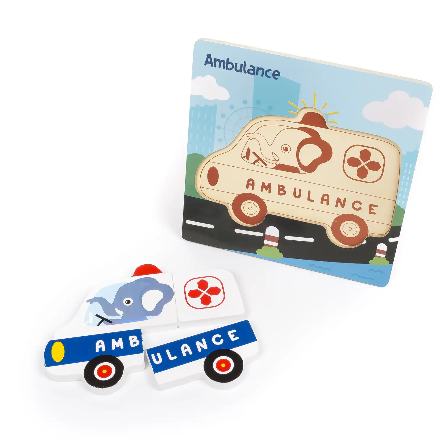 Puzle de madera para niños, de 4 piezas. Diseño ambulancia.
