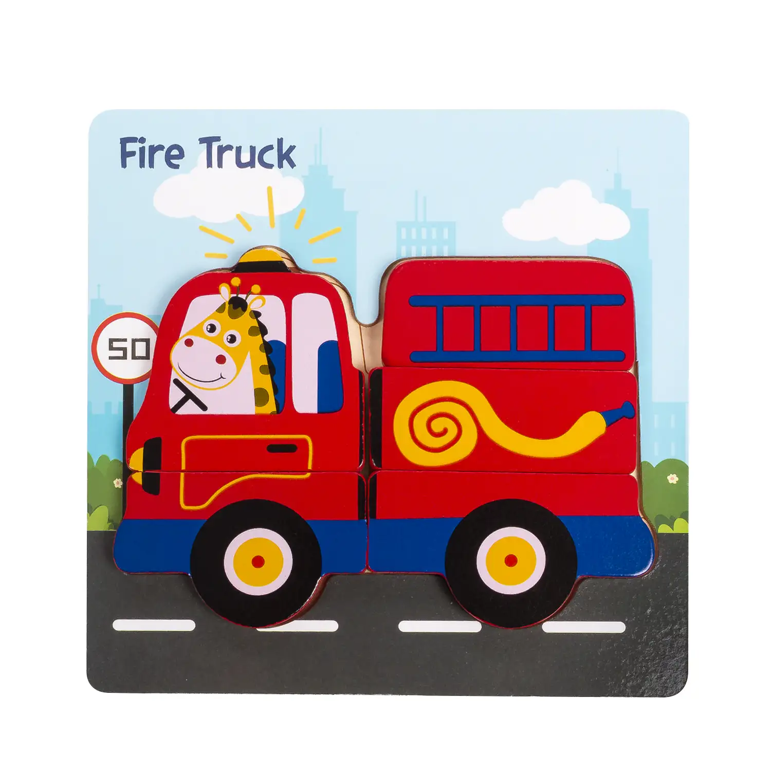 Puzle de madera para niños, de 5 piezas. Diseño camión de bomberos.